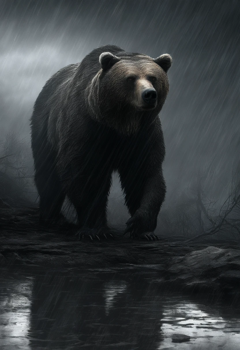 rainy day, Evil Light, grizzly bear, riverbank, Glowing red eyes, Malicious glow, Best Quality, masutepiece