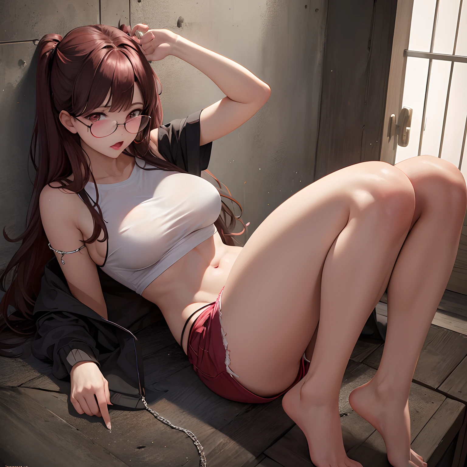 (illustration), (high resolution), (8K), (extremely detailed), (best illustration), (beautiful in every detail), (best quality), (super detailed) , (masterpiece), (background), (detailed face), solo, (active pose), full body shot, 1 girl is tied up all over by a chain from the ceiling , body The body was lifted up by chains, her feet did not touch the ground, the girl's hair was reddish brown, her hair was tied into a bow on her head, her hair was as long as her butt, her face was covered in black liquid, she wore pink glasses, her tongue licked her lips. The girl was wearing a torn pink shirt, the shirt was torn on the stomach, the shirt was unbuttoned on the chest, revealing her bra, the white bra was stained, the girl's stomach had a tattoo of a heart, a tattoo. sexual tattoo, girl wearing shorts but they fall down to her thighs, revealing red panties, detailed red panties, dark red panties, white thighs, long legs, bare legs, feet not touching the ground, bare legs had muscles, her legs were covered in brown liquid, her shorts were pulled down across her thighs and tattered, the girl's hands were tied up to her armpits, her armpits were bare. --auto