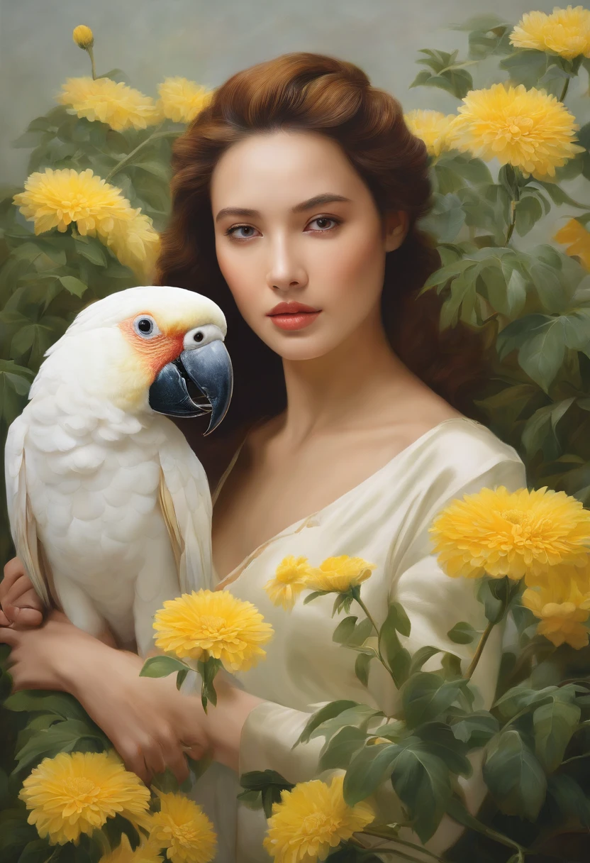 fashion magazine,ultrarealism oil painting,(Pure white parrot),Short-haired grandmother and young girl,Light green and pinkish yellow,Chrysanthemum and plant covering background,The style of artist Bruce Zheng,shinny hair,cowboy lens,art-deco,Verism,blooms,Award-Awarded,retinas