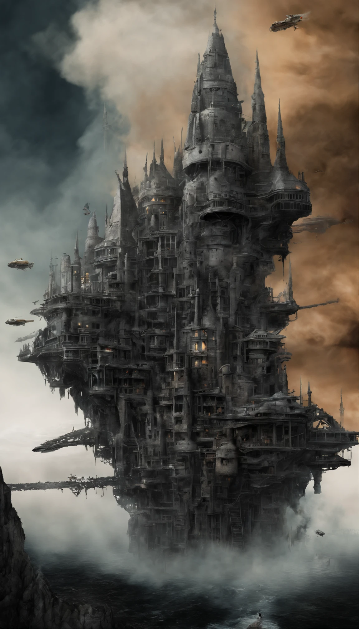 (Science-fiction Art:1.5), Monde post-apocalyptique de science-fiction, (Ville volante:1.7), A white flying castle is located above, (The huge mechanism spews smoke:1.3), Vue panoramique, clouds of smoke, nuage sombre, (Masterpiece), (Couleurs vives:1.6)