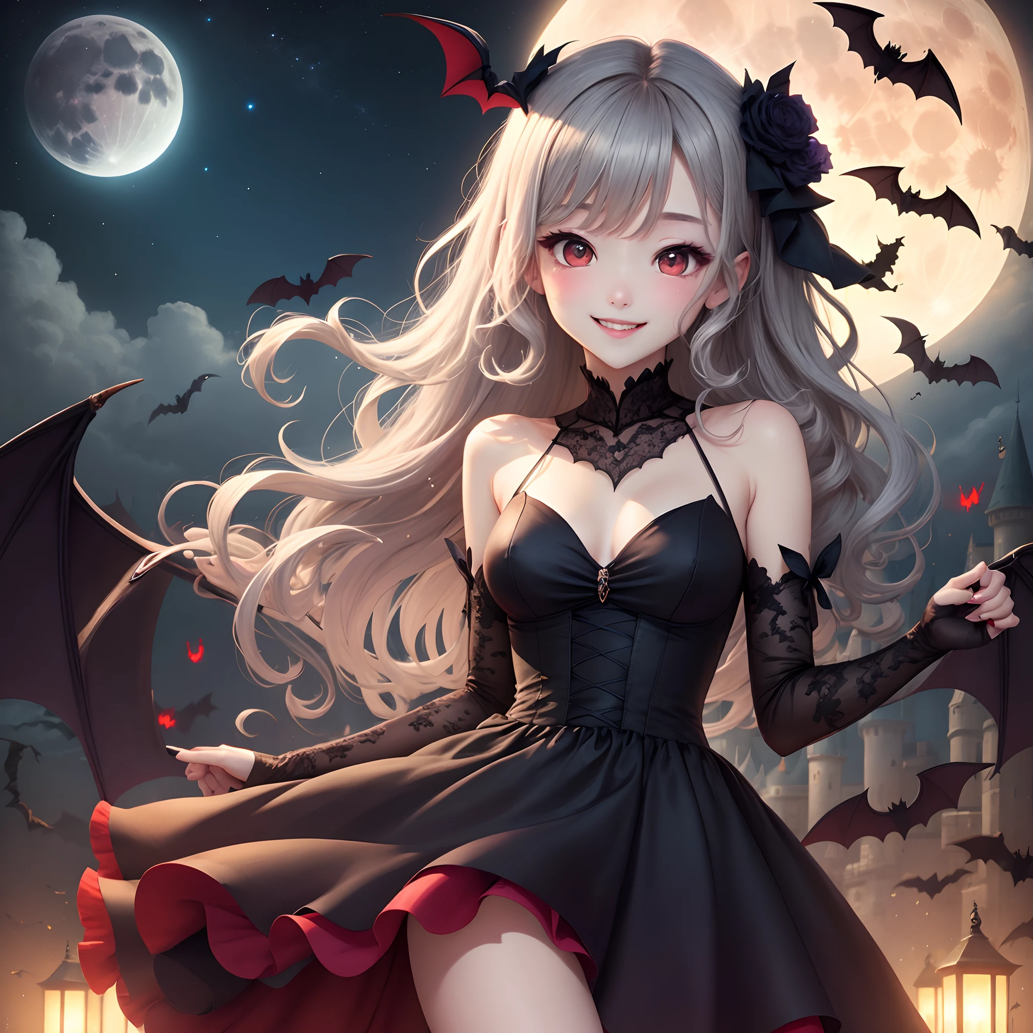 Bats
dress

Wavy gray hair、red eyes、One beautiful vampire girl、red blush、Black Dress、Midnight、A smile、Western castles、a moon