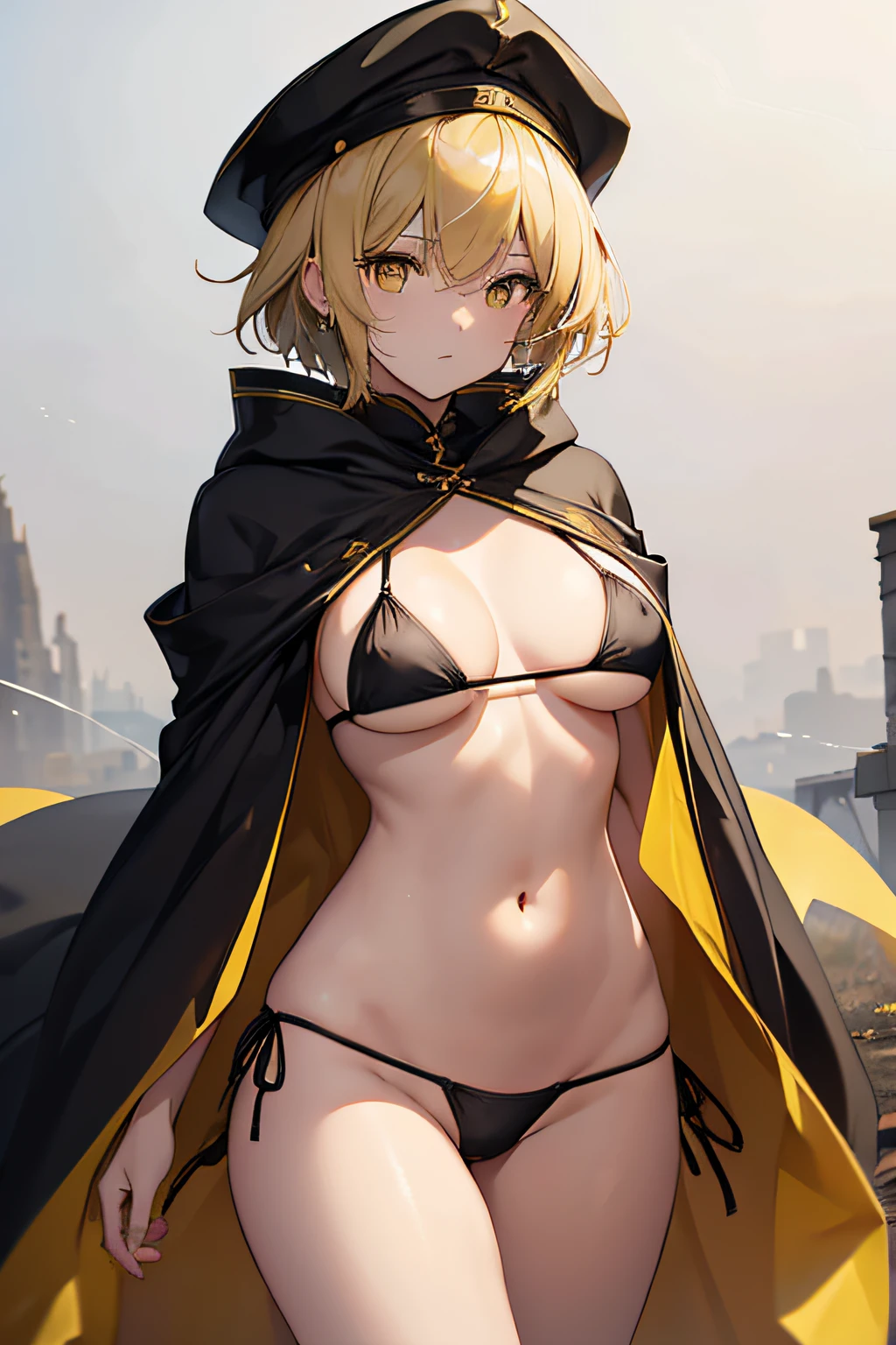 top-quality、extremely delicate and beautiful、femele、Wearing a black cloak。Colossal tits、Black Bikini Bra、Yellow military cap、Thunder properties、a blond、short-haired、Yellow eyes、Navel、((Lower body is yellow micro bikini))、Belt at waist、is standing、full-body view