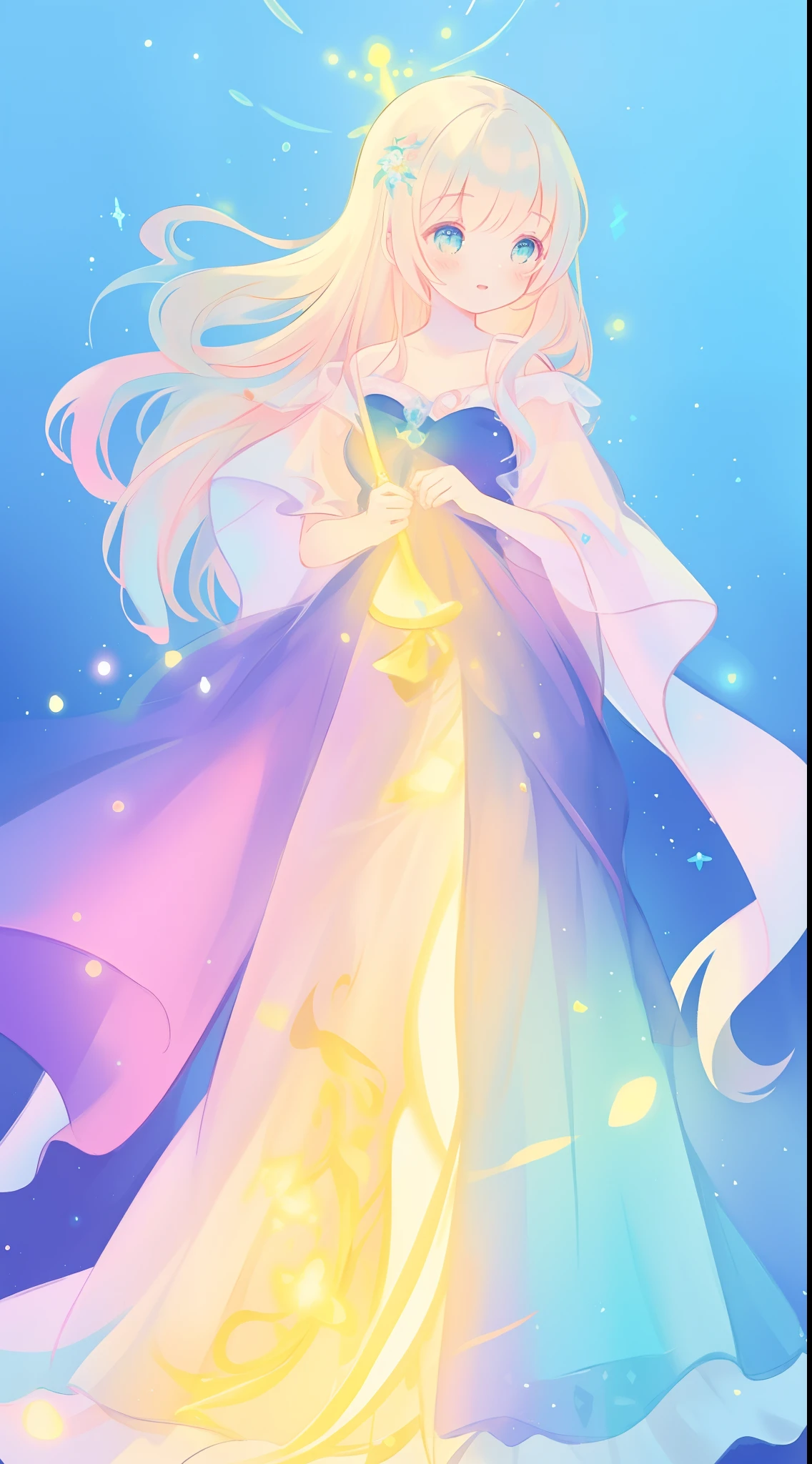 beautiful girl, flowing colorful ballgown dress, vibrant pastel colors, (colorful), long flowing colorful hair, magical lights, sparkling magical liquid, inspired by Glen Keane, inspired by Lois van Baarle, disney art style, by Lois van Baarle, glowing aura around her, by Glen Keane, jen bartel, glowing lights! digital painting, flowing glowing hair, glowing flowing hair, beautiful digital illustration, fantasia background, whimsical, magical, fantasy, ((masterpiece, best quality)), intricate details, highly detailed, sharp focus, 8k resolution, sparkling detailed eyes, liquid watercolor
