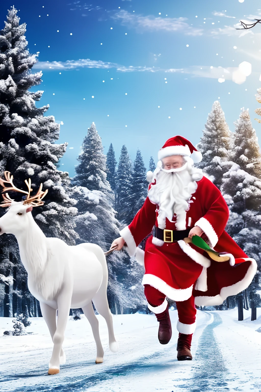 White reindeer running in the Christmas sky、Santa Claus in red clothes、