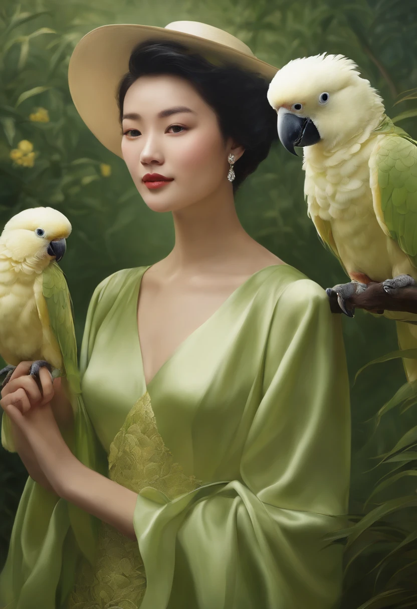 fashion magazine,ultrarealism oil painting,(Pure white parrot),Chinese short-haired grandmother and young girl,Light green and powder yellow,Chrysanthemum and plant covering background,The style of artist Bruce Zheng,shinny hair,cowboy lens,art-deco,Verism,blooms,Award-Awarded,retinas