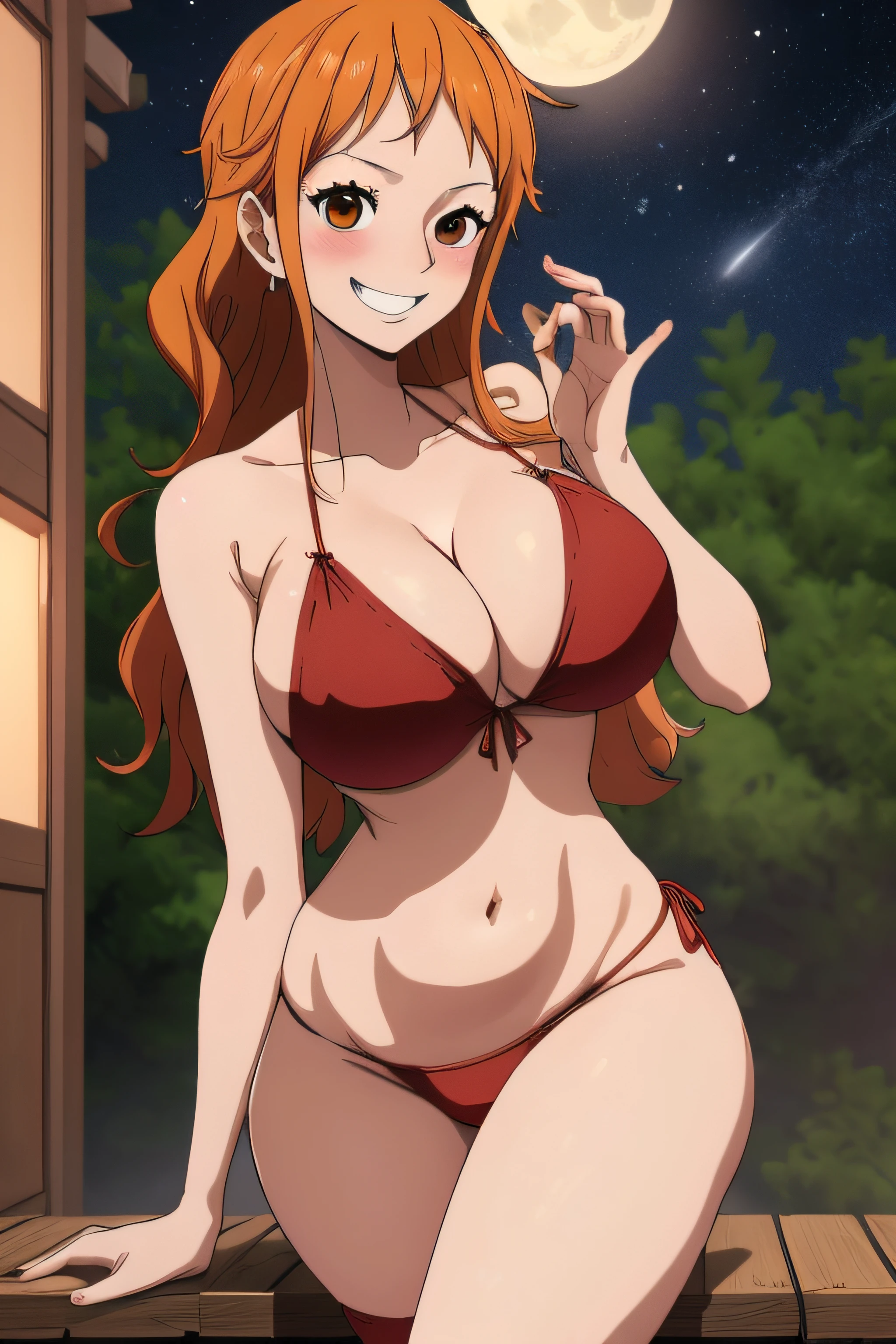 nami, Night, cleavage, Deep brown eyes, Red lingerie, Stars, Moon, Outside setting, Japanese style home, Big breasts, Full body display, white stockings with her hips facing the camera, (Hips facing camera 1.5), (Face away from lens 1.2), (Large thick leg 1.3), Blonde hair, Beautiful smile, Smiling at viewer, blushing cheeks,