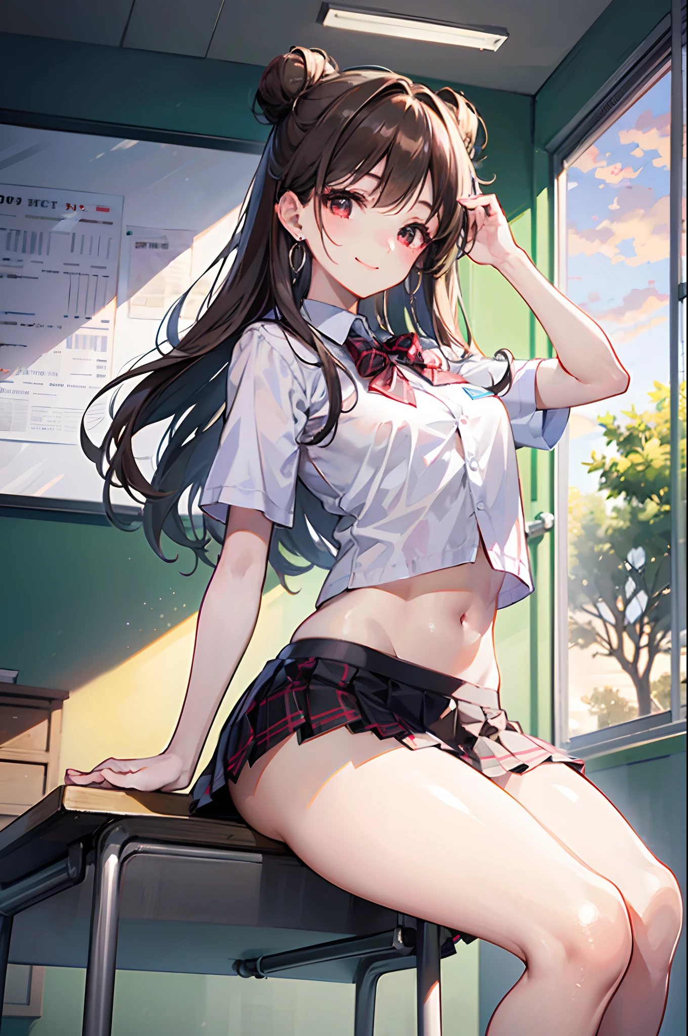 Realistic and detailed image of a girl in a school uniform with pleated plaid mini skirt. She has long wavy brown hair in a side bun. Red eyes. She has earrings, long eyelashes. she has small breasts, slim waist, very wide hips and thick thighs. smiling, pleased face. Legs open and raised, panty view. Back arched. She is sitting in a classroom with sun rays at sunset.