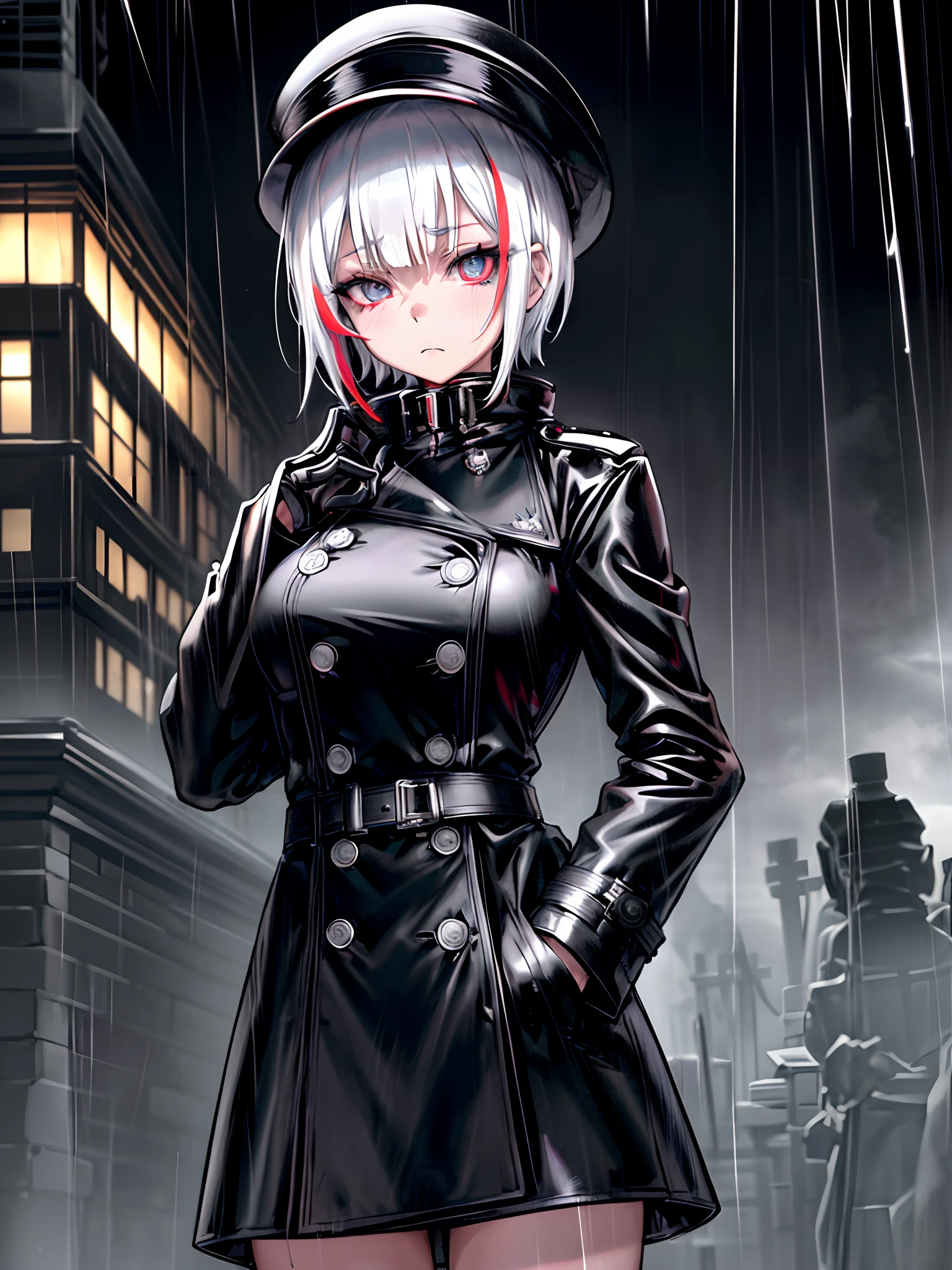 ((​masterpiece、top-quality)), (1girl in), (独奏), (female focus), (white  hair, short-hair, Undercut), Black eye, (Black pointed hat), Black military uniform, (Black trench coat, Long trench coat), Wet clothes, (hands on pockets), (very heavy rain, Sateen, cloudy ash sky), is standing, middlebreast、Cross-eyed、Stranger、View other people、Ahegao , Silly,Sexual ecstasy,Drunken eyes,Blunt bangs, Black hair, (finely detailed beautiful eye: 1.2), (Detailed background,Dark Fantasy), (beautifull detailed face), High contrast, (Best Illumination, extremely delicate and beautiful), ((Cinematic Light)), Colorful, Hyper Detail, Dramatic light,