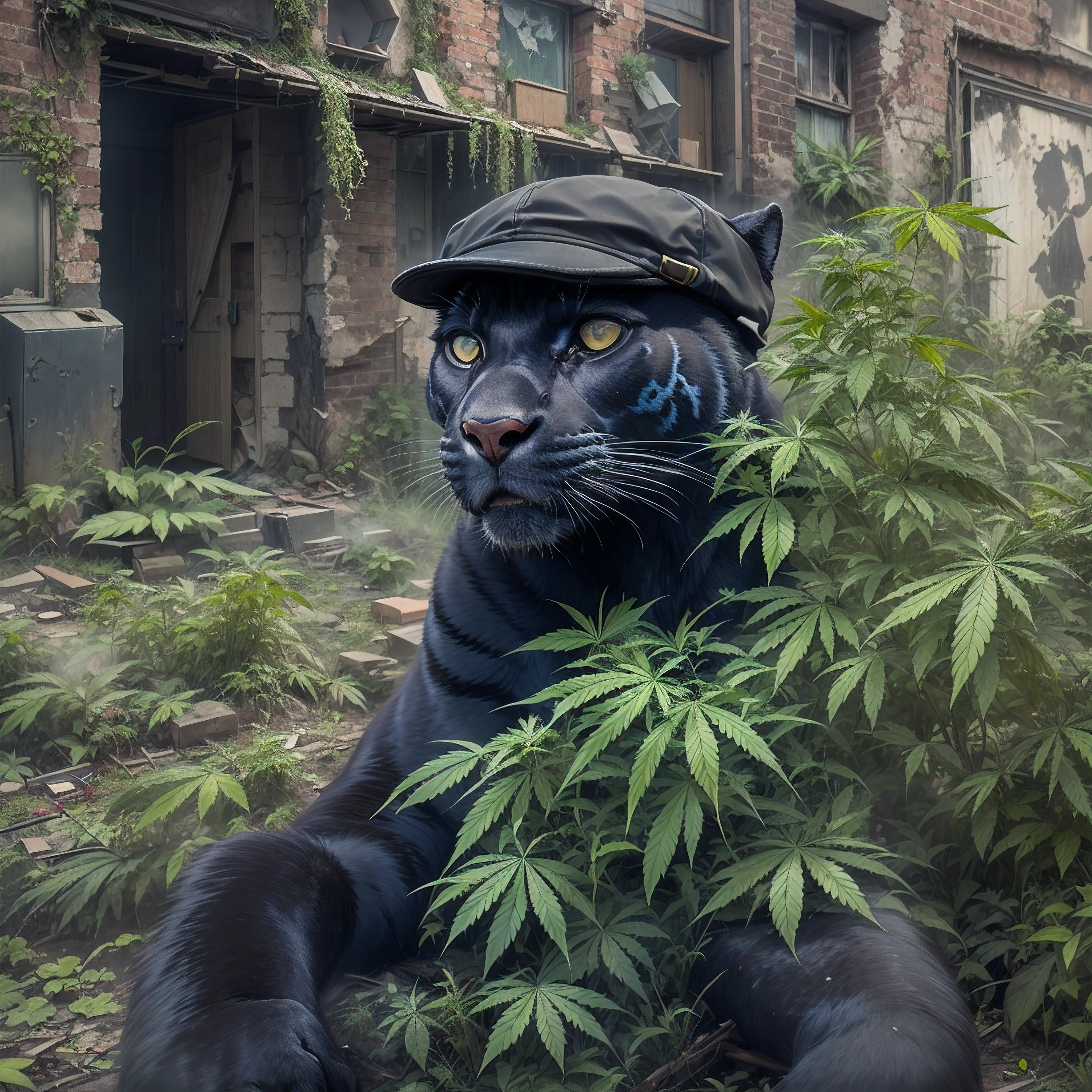 Panther covered in marijuana wearing a BLACK flat cap hat is SMOKING MARIJUANA in the middle of the abandoned city