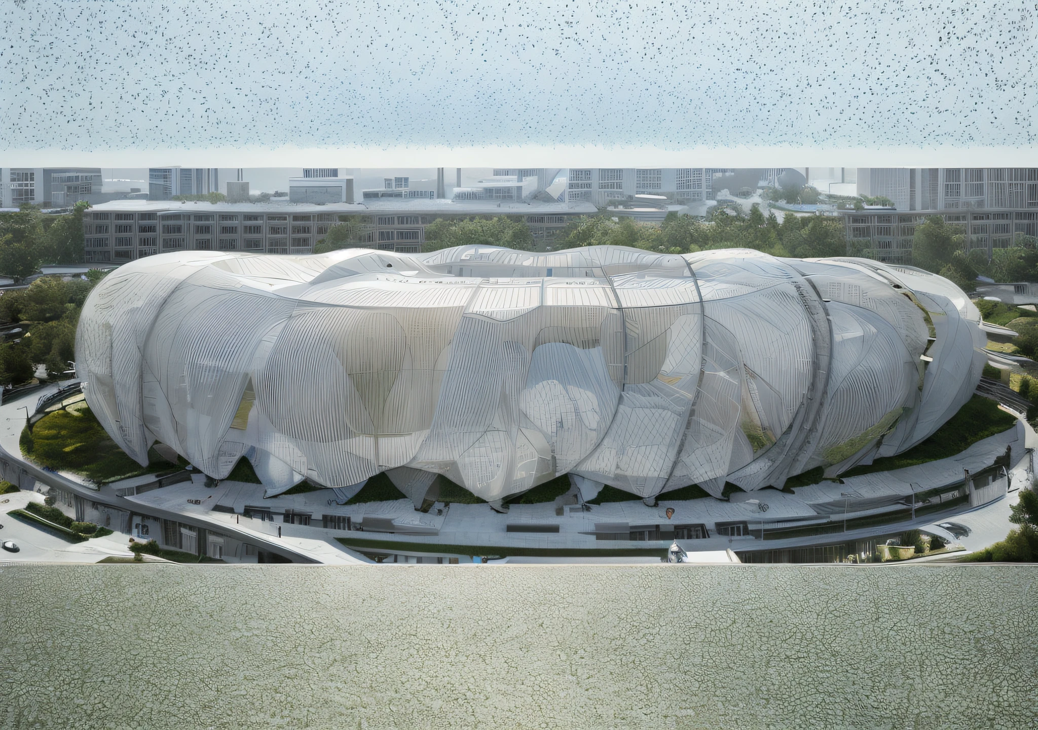 port building, has the shape of feathers, There is plenty of greenery around, The strokes intertwine into a bird's nest style, ellipse