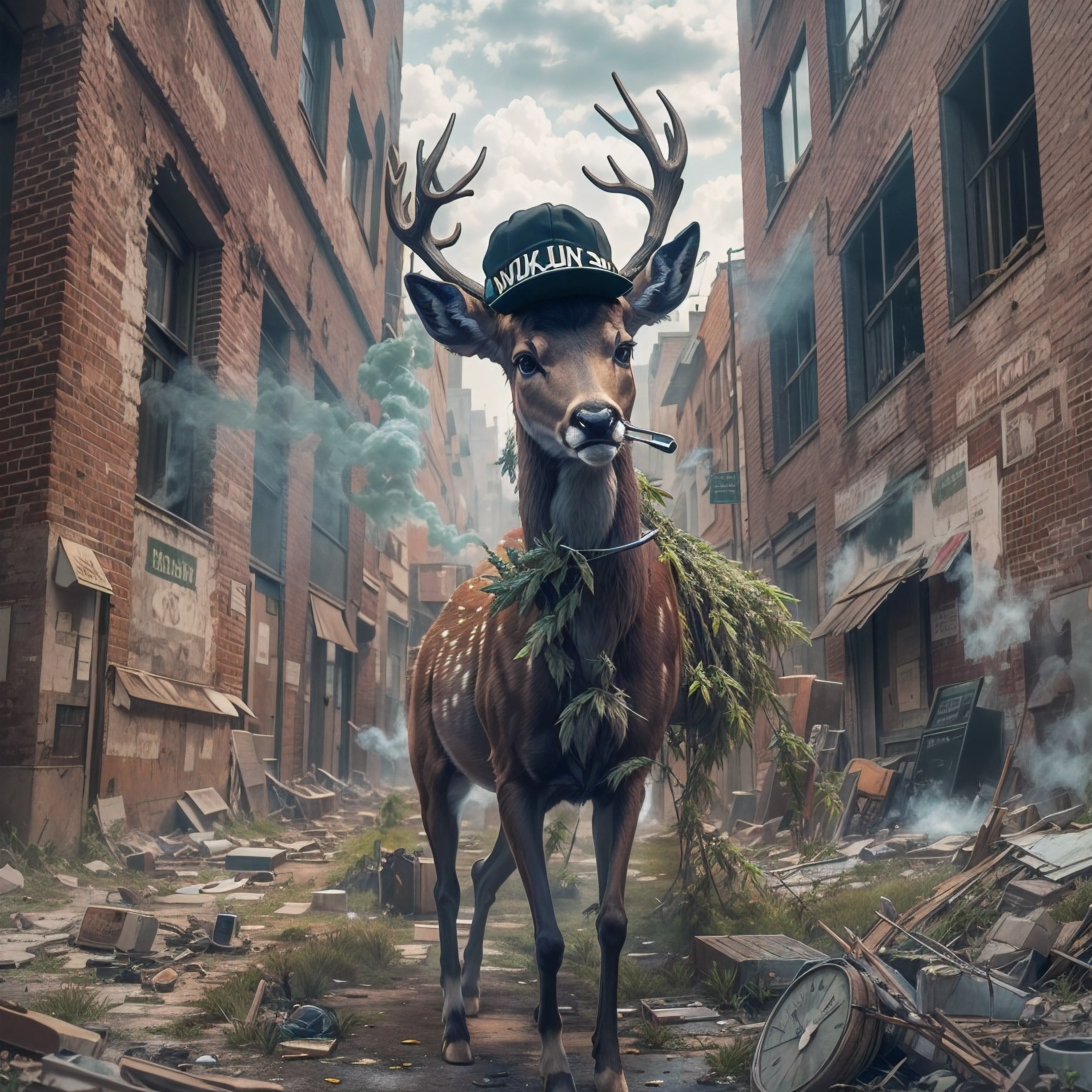 Deer covered in marijuana wearing a BLACK flat cap hat is SMOKING MARIJUANA in the middle of the abandoned city