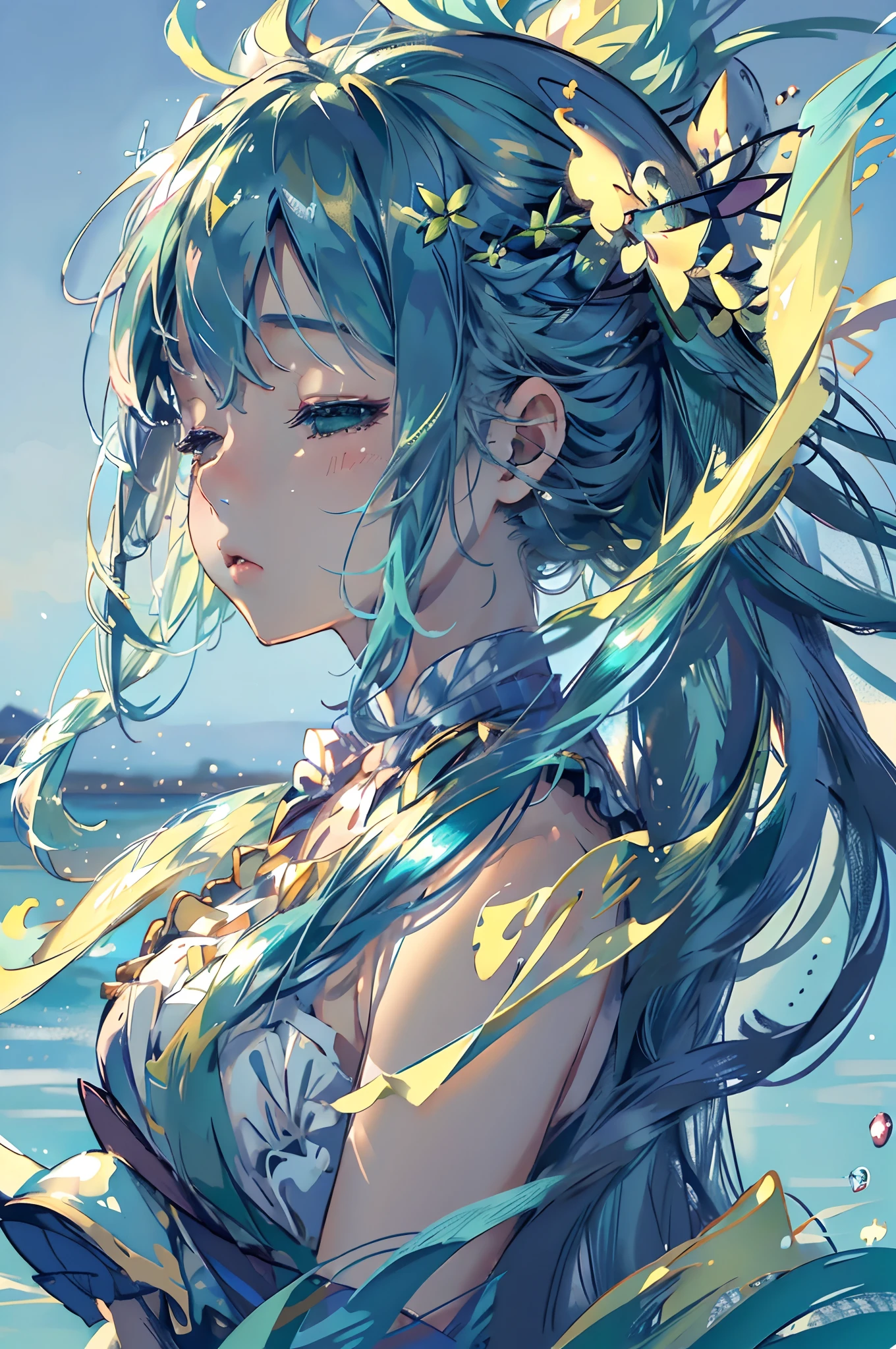 ((top-quality, 8K)), (Realistic), (Face Focus: 1.1), (blue and green: 1.3), Kawaii Girl, long hair multicolour, Colorful,
Hair fluttering in the wind, Facing to the side, Look up to face, Eyes closed, floating soap bubbles,
