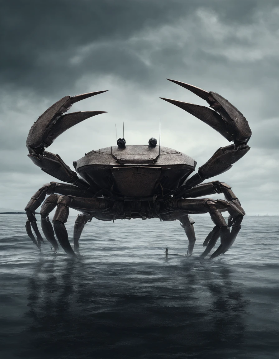 Ugly crab like features  Body shape huge, standing in ocean, tosen, There is a small fishing boat around, A grand spectacle, Oppressive atmosphere, surrealism, Chiaroscuro, Cinematic lighting, Wide shot, Masterpiece, ccurate, Anatomically correct, Super detail, High details, Best quality