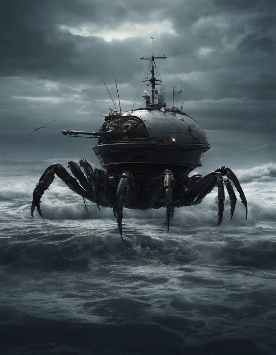 Ugly crab like features  Body shape huge, standing in ocean, tosen, There is a small fishing boat around, A grand spectacle, Oppressive atmosphere, surrealism, Chiaroscuro, Cinematic lighting, Wide shot, Masterpiece, ccurate, Anatomically correct, Super detail, High details, Best quality