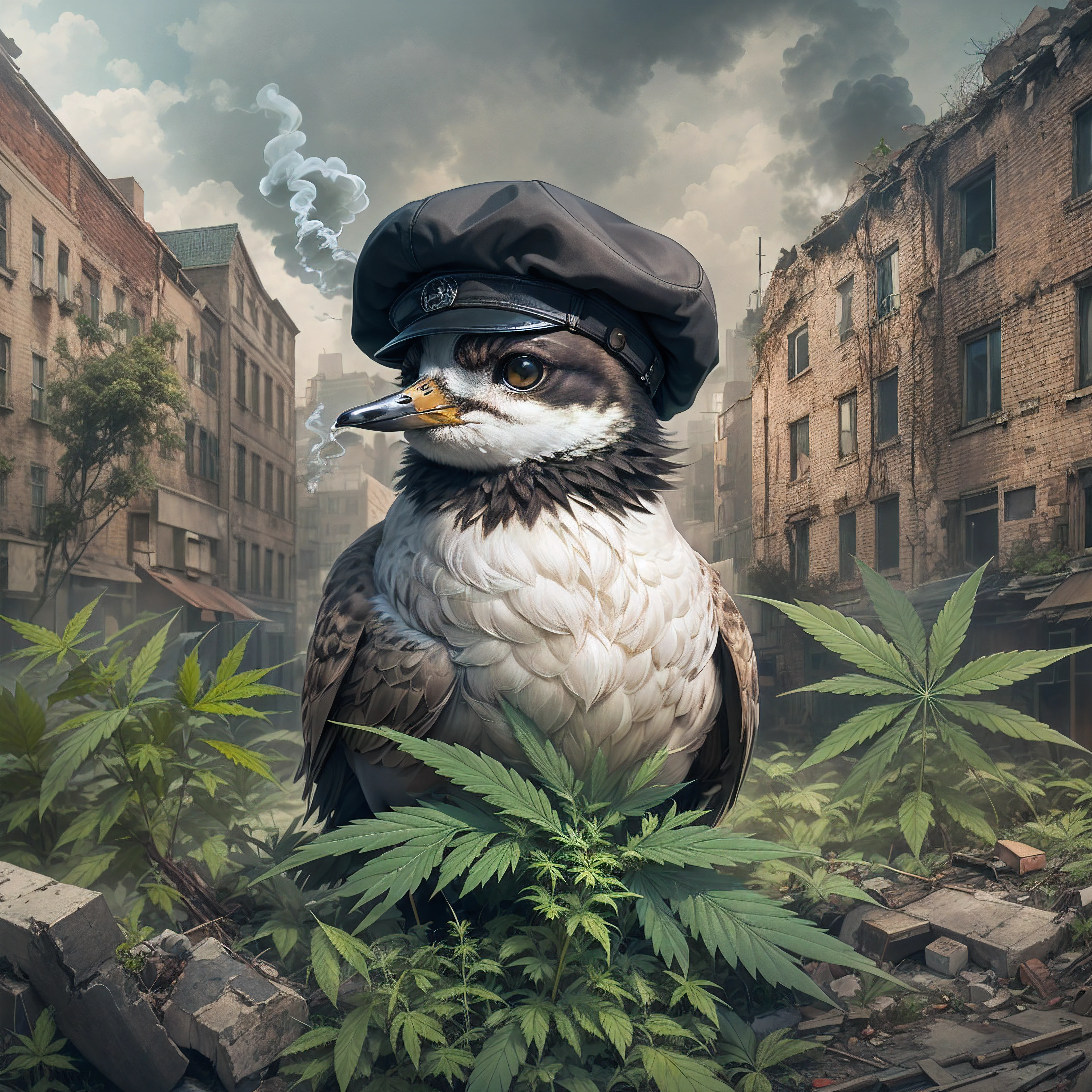 Plover covered in marijuana wearing a BLACK flat cap hat is SMOKING MARIJUANA in the middle of the abandoned city