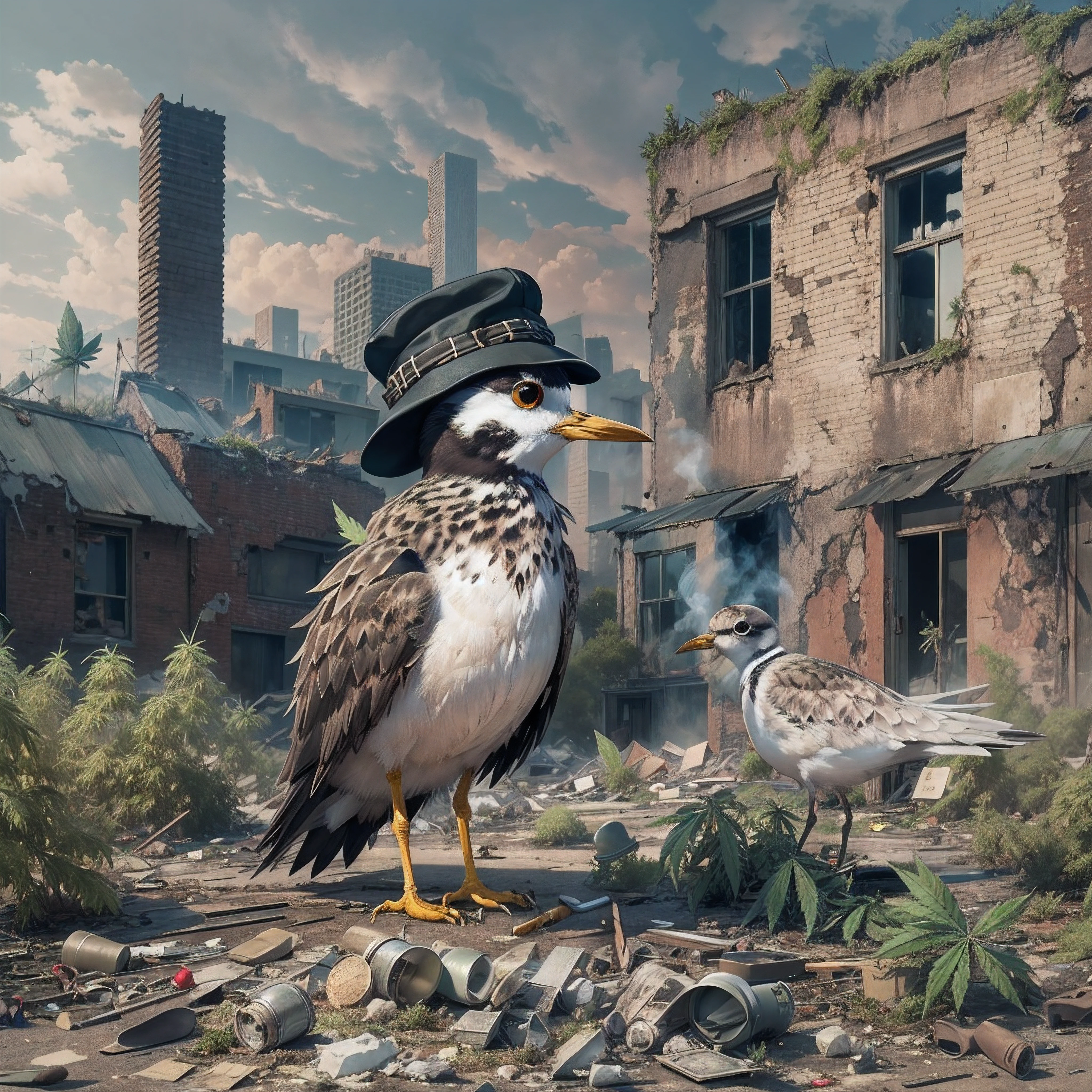 Plover covered in marijuana wearing a BLACK flat cap hat is SMOKING MARIJUANA in the middle of the abandoned city