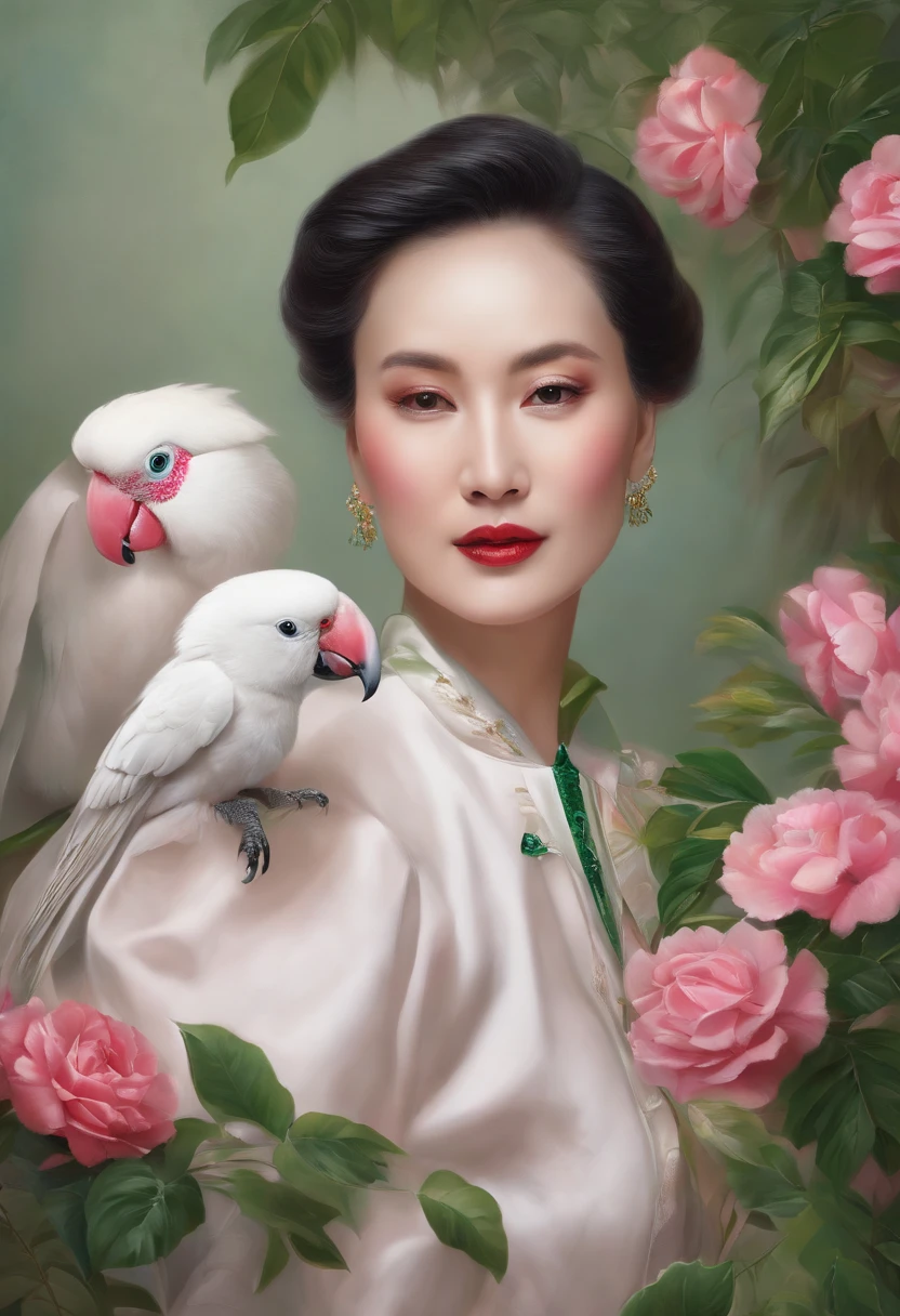 fashion magazine,ultrarealism oil painting,(Pure white parrot),Chinese short-haired grandmother,Pink and emeralds,Plant cover background,The style of artist Bruce Zheng,shinny hair,cowboy lens,art-deco,Verism,blooms,Award-Awarded,retinas