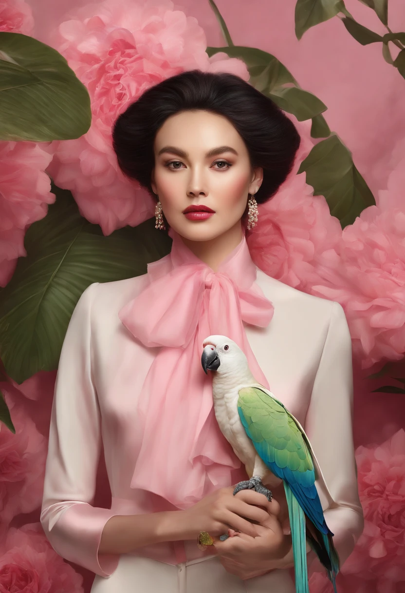 fashion magazine,ultrarealism oil painting,(Pure white parrot),Chinese short-haired grandmother,Pink and emeralds,Plant cover background,The style of artist Bruce Zheng,shinny hair,cowboy lens,art-deco,Verism,blooms,Award-Awarded,retinas