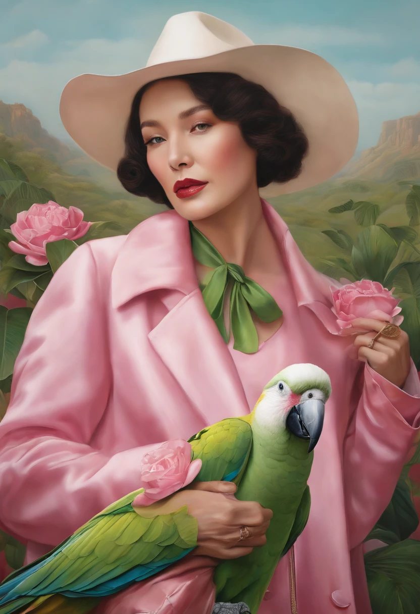 fashion magazine，ultrarealism oil painting，（Pure white parrot），Chinese short-haired grandmother，Pink and emeralds，Plant cover background，The style of artist Bruce Zheng，shinny hair，cowboy lens，art-deco，Verism，blooms，Award-Awarded，retinas