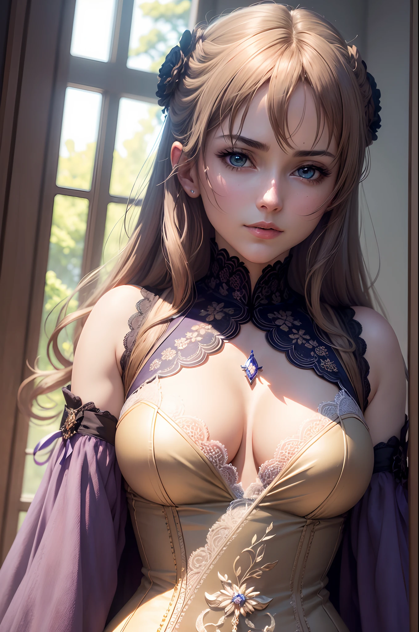 Mulher, 30 anos, (((obra-prima))), ((melhor qualidade))), ((ultra-detalhado)), (hiper-realista), (Highly detailed CG illustration), ((extremamente delicado e belo))), cinematiclight, Create art showcasing exquisite beauty and captivating aesthetics. Uplighting: Use atmospheric lighting techniques to create depth and humor. resolution: Aim for a high-resolution artwork to showcase intricate details and clarity. Art Inspirations: Look for inspiration in the anime Violet Evergarden