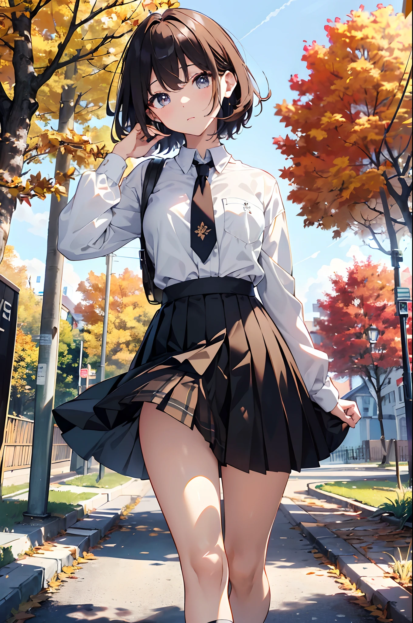 (top-quality、in 8K、32K、​masterpiece、nffsw、超A high resolution、Impresionismo、Photorealsitic:1.2)、cowboy  shot、foco nítido、detailed faces and eyes、(Man Walking Down a Tree-Lined Avenue々Group of, october, during autumn, in autumn, Golden Autumn, golden leaves, autumn season, trending photo, november, autum, beautiful image, beautiful aesthetic, Autumn, autumn season, beautiful day, in autumn, !!Beautiful!!)、Sharp pupils、Realistic pupils、beauitful face、18 year old beautiful girl、shinny skin、Bery short hair、Beautiful dark brown hair、Blunt bangs、Dark blue eyes、Shirt、neck tie、Plaid miniskirt、Black socks、(Have a skirt、Lifting skirt、I can see the white panties:1.3)、(Embarrassed look:1.2)、(Mel Kishida:1.2)
