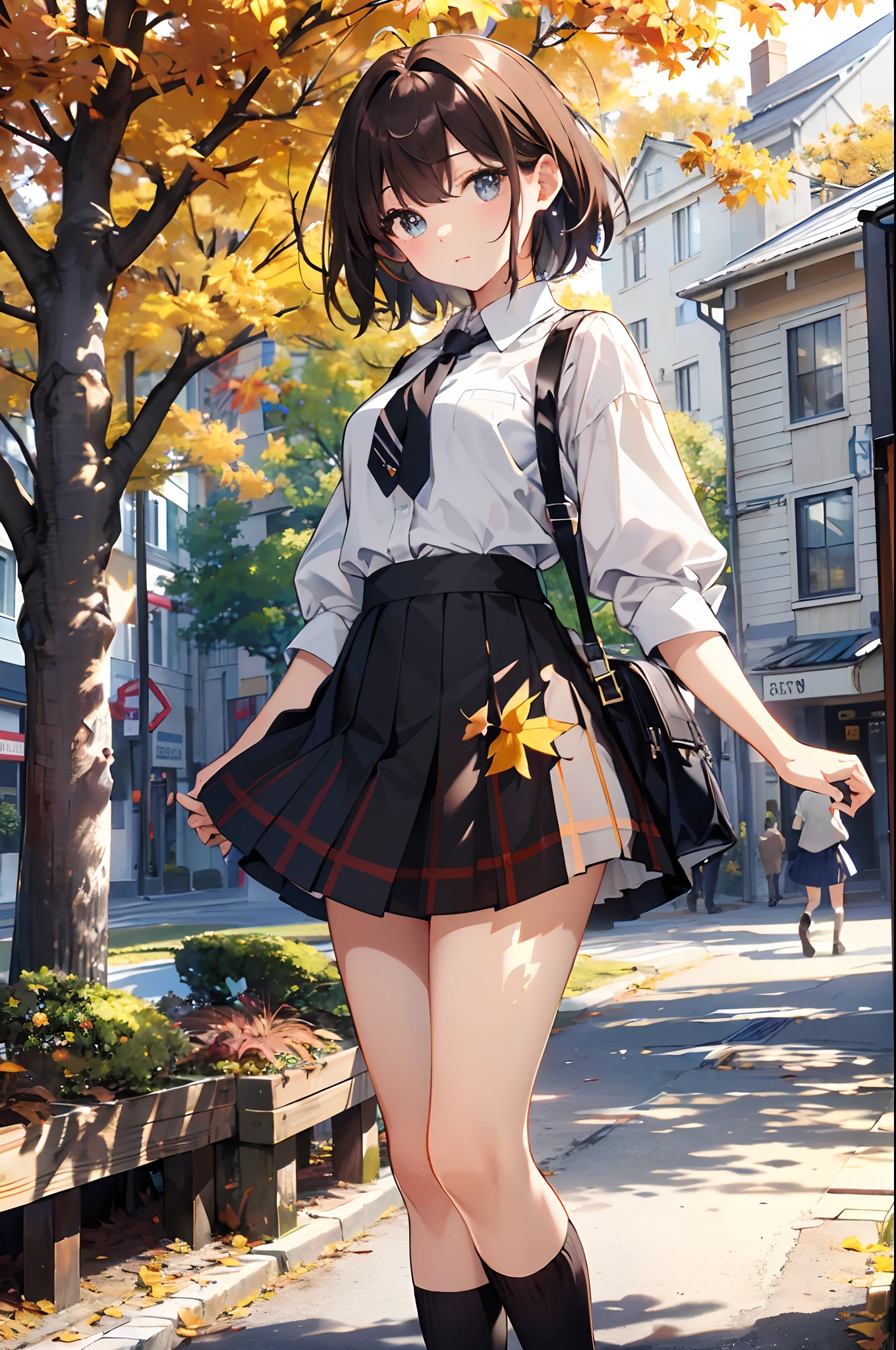 (top-quality、in 8K、32K、masterpiece、nffsw、超A high resolution、Impresionismo、Photorealsitic:1.2)、cowboy shot、foco nítido、detailed faces and eyes、(Man Walking Down a Tree-Lined Avenue々Group of, october, during autumn, in autumn, Golden Autumn, golden leaves, autumn season, trending photo, november, autum, beautiful image, beautiful aesthetic, Autumn, autumn season, beautiful day, in autumn, !!Beautiful!!)、Sharp pupils、Realistic pupils、beauitful face、18 year old beautiful girl、shinny skin、Bery short hair、Beautiful dark brown hair、Blunt bangs、Dark blue eyes、Shirt、neck tie、Plaid miniskirt、Black socks、(Have a skirt、Lifting skirt、I can see the white panties:1.3)、(Embarrassed look:1.2)、(Mel Kishida:1.2)