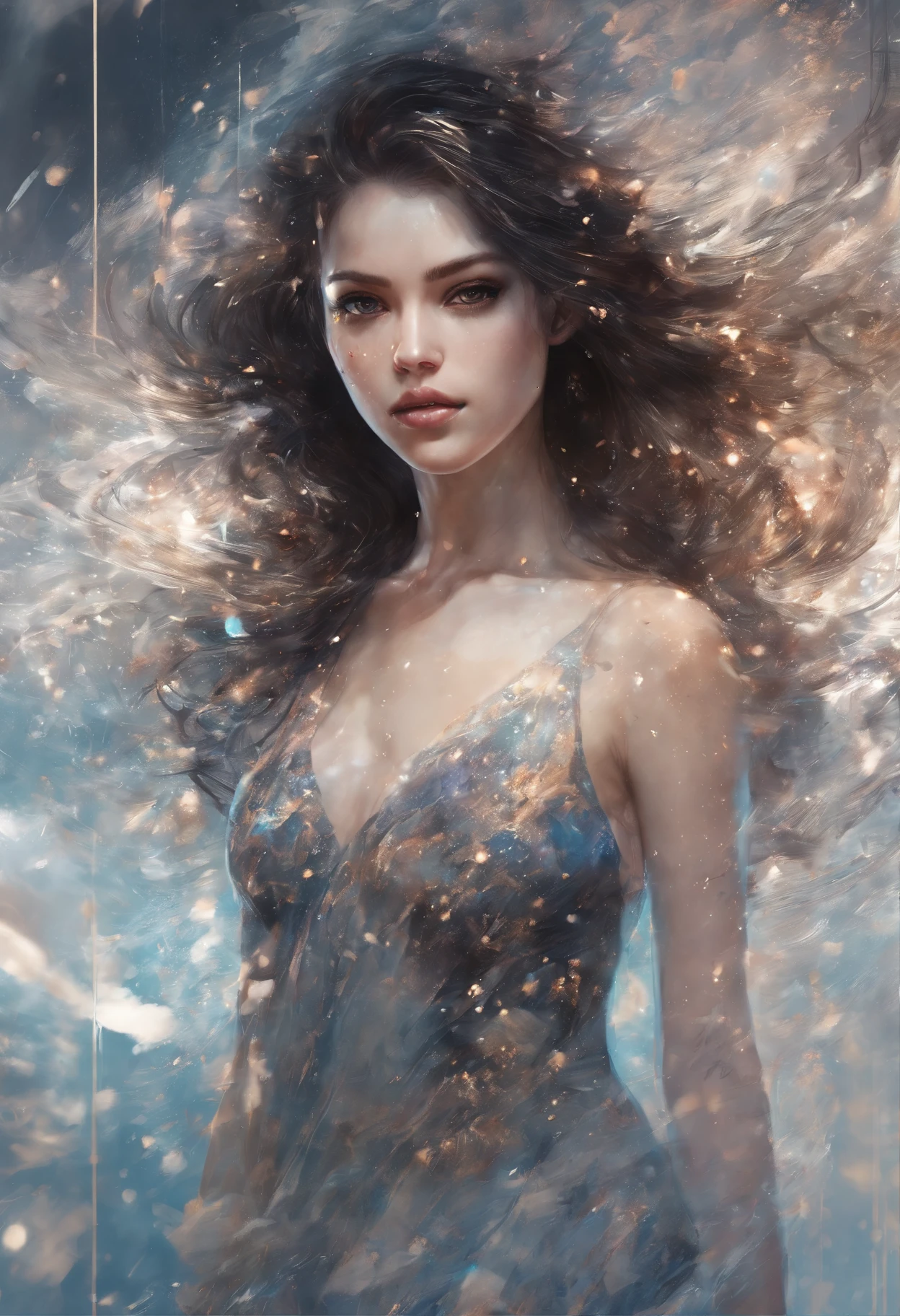 Perfect centralization, Fantastic particles, delight, Standing position, Abstract beauty, centre, Looking at the camera, Facing the camera, nearing perfection, Dynamic, highly  detailed, Liso, foco nítido, 8K, A high resolution, illustration, Art by Carne Griffiths and Wadim Kashin,  A background with distinct strokes, Background with fragment color, tons vívídos, Ink nebula background, Sexy 17 year old girl with a sexy appearance, olhos cor de mel, brunette color hair, Long and beautiful, Fantastic short black skirt, The shape of the athletic physique, extremely detaile,Dissipate particles，starlights，Sea of hearts
