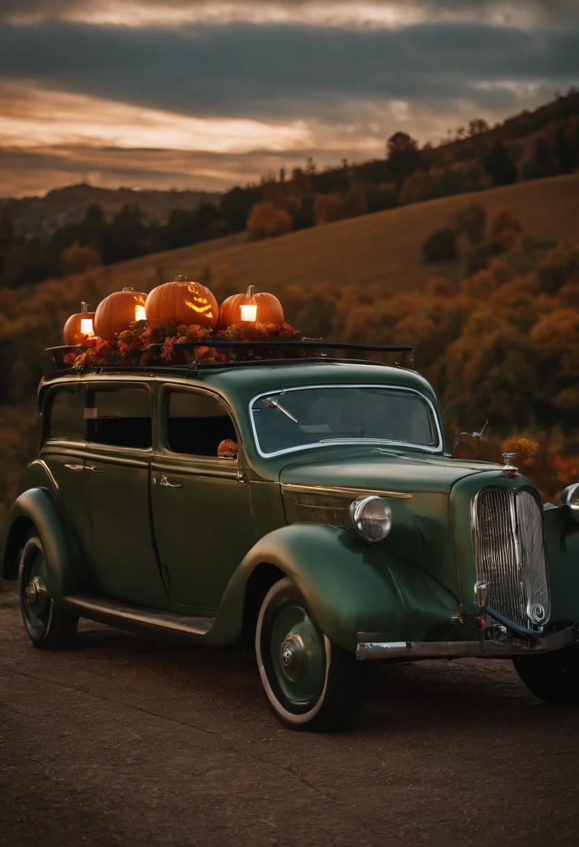 A pumpkin carriage at hill, Halloween night, super realistic, glowing orange pumpkin carriage, pumpkins at hills, cloudy sky, detailed art, cinematic art, 24K UHD resolution, blurred background, ultra high detailed