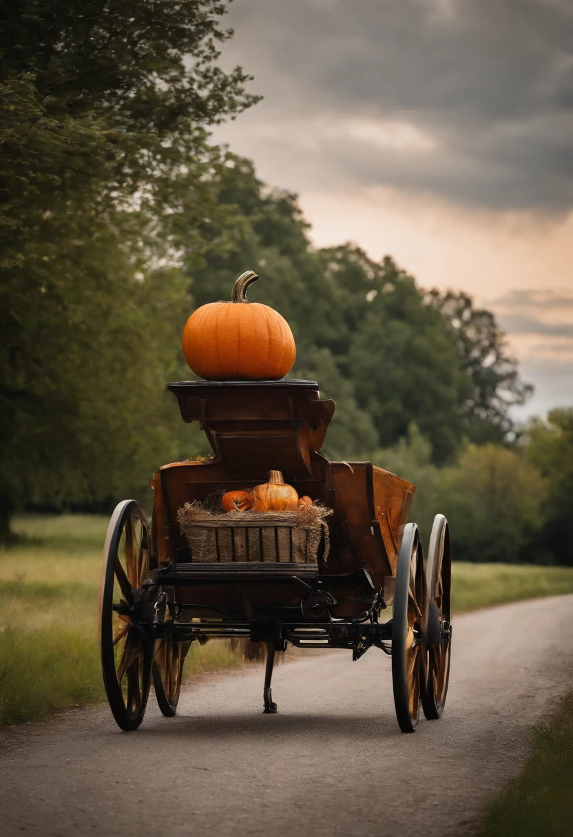 A pumpkin carriage at hill, Halloween night, super realistic, glowing orange pumpkin carriage, pumpkins at hills, cloudy sky, detailed art, cinematic art, 24K UHD resolution, blurred background, ultra high detailed