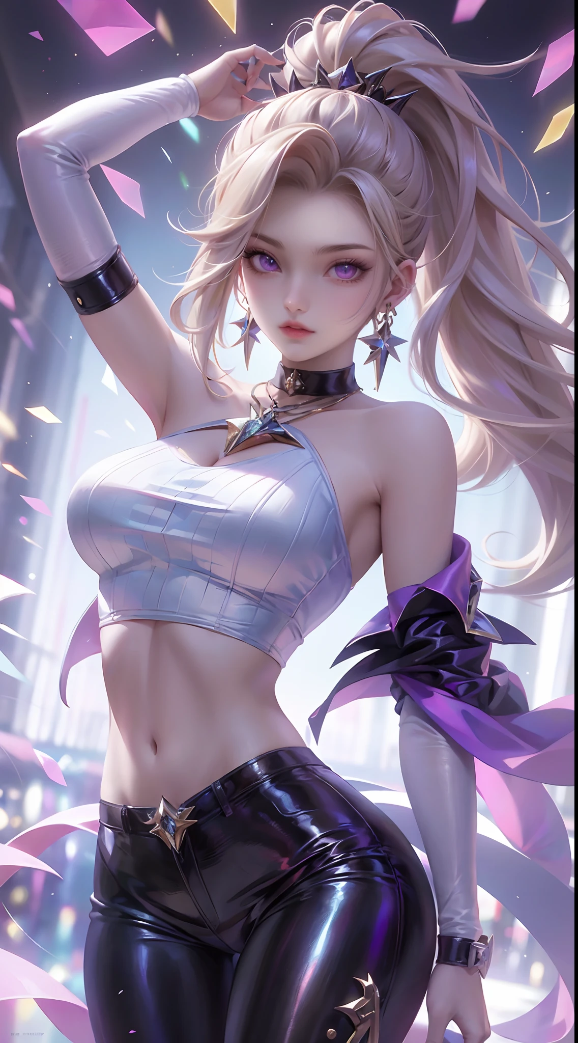 「En una impresionante obra maestra en forma de retrato、Showcasing the highest quality art。El tema de esta obra de arte es、Es una chica capturada con asombroso detalle。」Pixiv Anime Realismo Tendencias、Shibitai Perfect Body Perfect Face、Manos no visibles、disparo de cintura para arriba、pecho gigantesco、Minamoto de la Gran Orden del Destino、Signature fitted purple suit、More detailed 8K.motor irreal:1.4,UHD,La mejor calidad:1.4, fotorrealista:1.4, textura de la piel:1.4, obra maestra:1.8,obra-prima, mejor calidad,objeto Objeto], (detailed face features:1.4),(ojos:1.4)