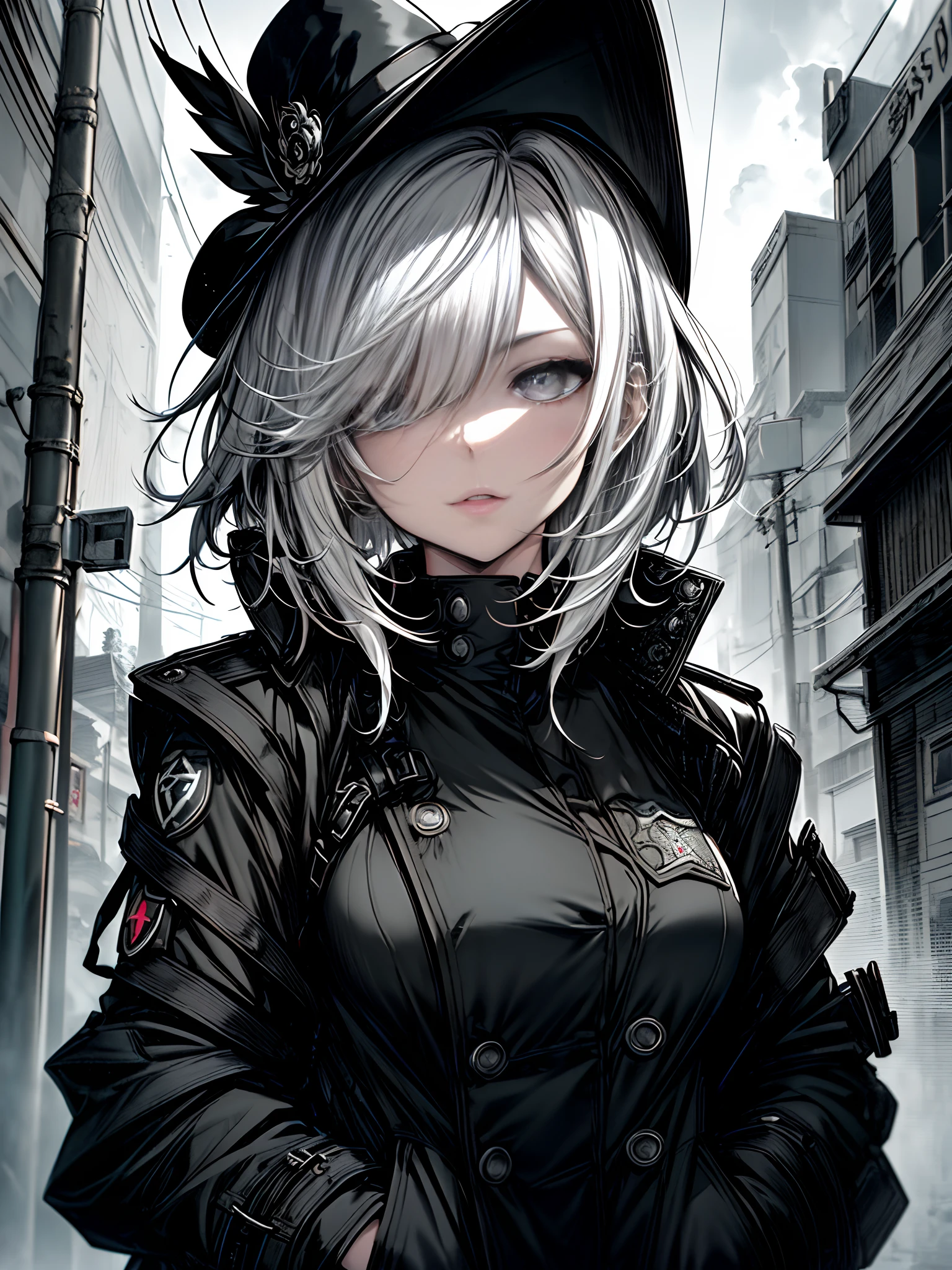 ((​masterpiece、top-quality)), (1girl in), (独奏), (female focus), (white  hair, short-hair, Undercut), Black eye, (black pointed hat), Black military uniform, (black trench coat, Long trench coat), Wet clothes, (hands on pockets), (Very heavy rain, Sateen, cloudy ash sky), is standing, middlebreasts、Cross-eyed、Stranger、View other people、Ahegao , Silly,Sexual ecstasy,Drunken eyes,Blunt bangs, Black hair, (finely detailed beautiful eye: 1.2), (Detailed background,Dark Fantasy), (beautifull detailed face), High contrast, (Best Illumination, extremely delicate and beautiful), ((Cinematic Light)), Colorful, Hyper Detail, Dramatic light,