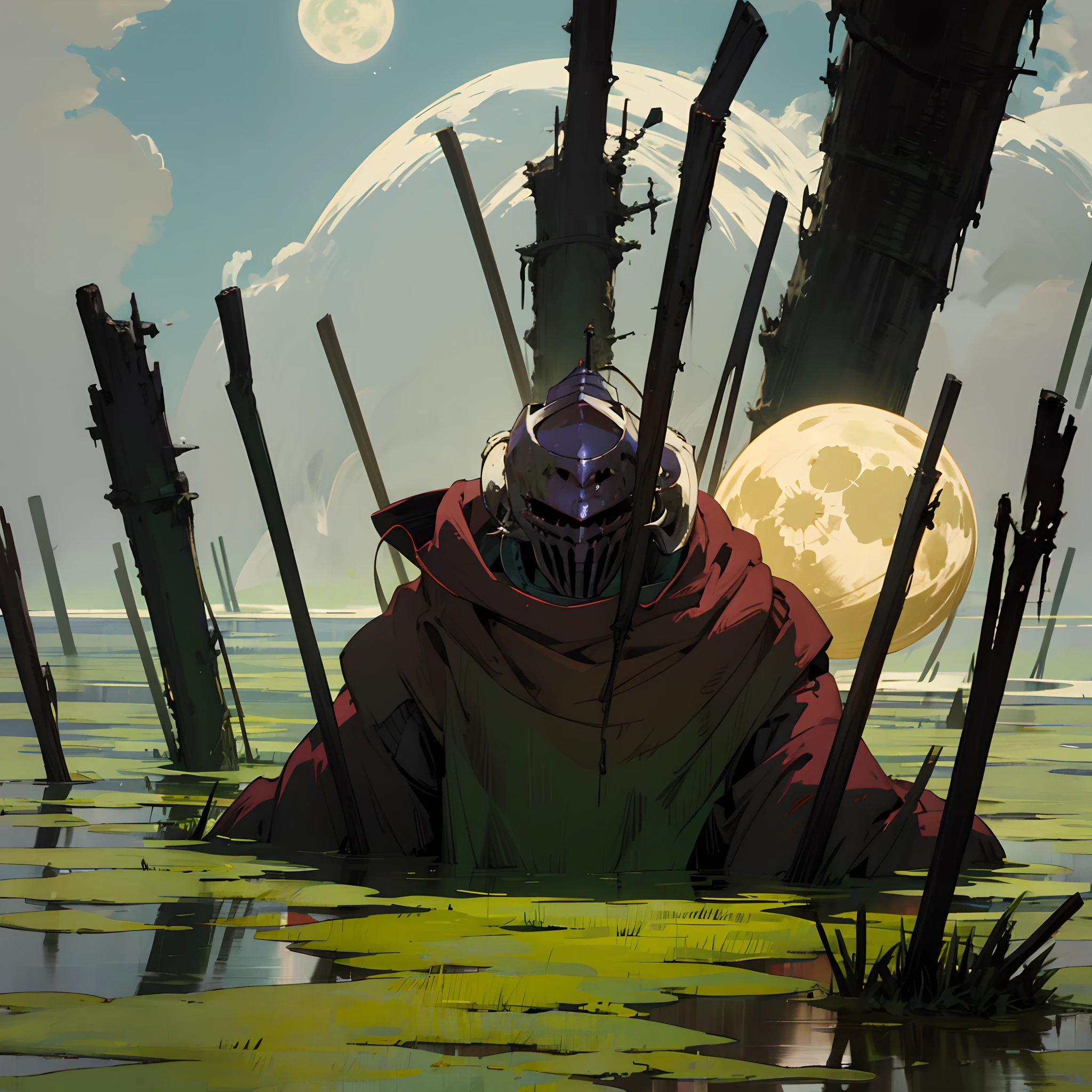 Knight traveling through swamp, giant full moon