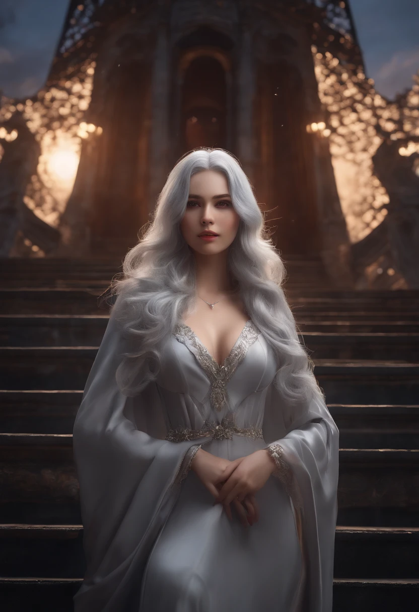 gorgeous silver hair in deep V silver  dress, red moon in the sky, bat swarm surrounding her, bats flying around her,, isekai, detailed face, detailed face expressions, natural face expressions, tall and slender body, slim long legs, fair and smooth skin, detailed hands, detailed fingers, masterpiece, cinematic lighting, physically based rendering, lens flare, award winning rendering, perfect rendering detail, 8K, detailed background, everything in detail, full body shot, wide angle,