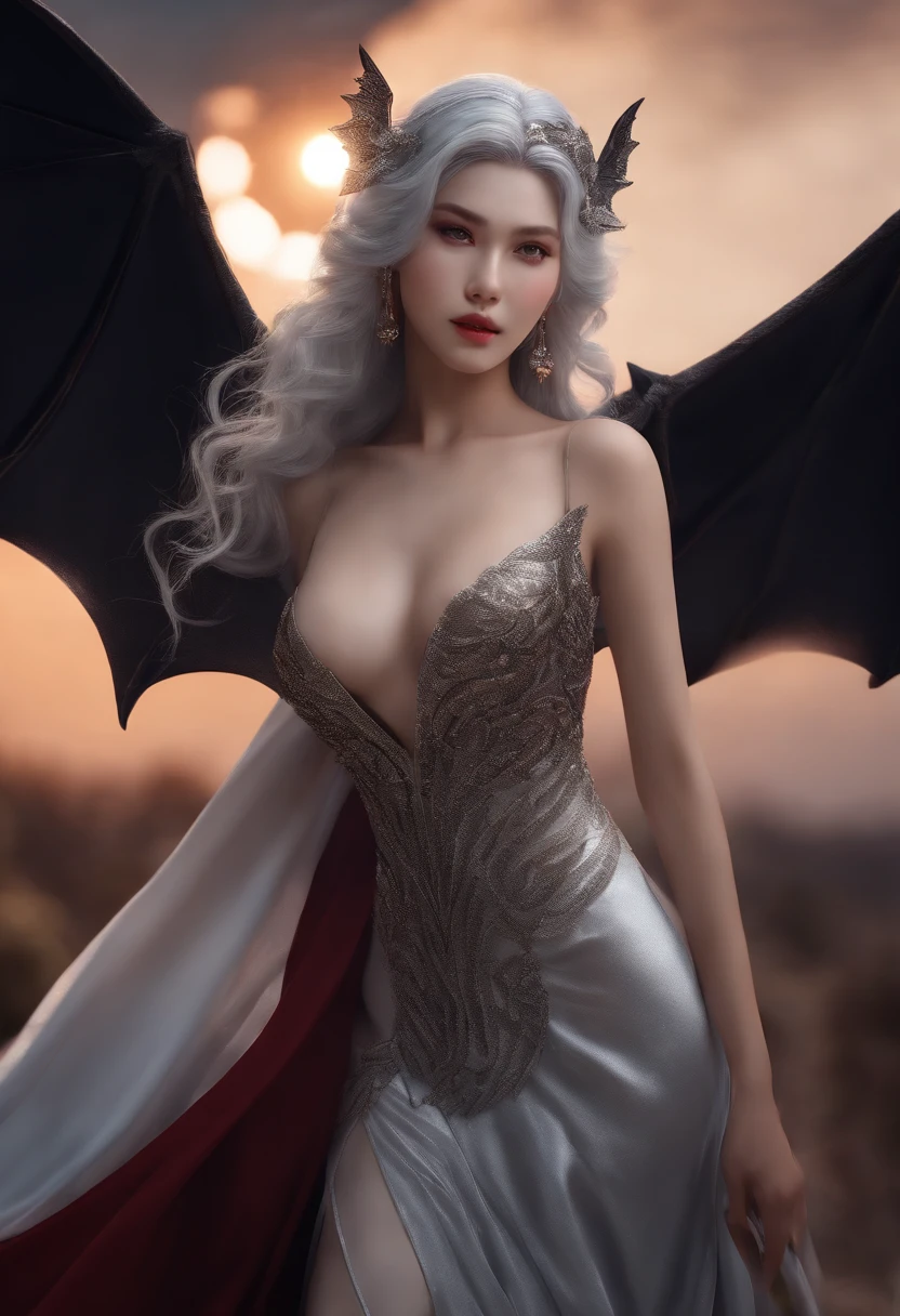 gorgeous silver hair in deep V silver  dress, red moon in the sky, bat swarm surrounding her, bats flying around her,, isekai, detailed face, detailed face expressions, natural face expressions, tall and slender body, slim long legs, fair and smooth skin, detailed hands, detailed fingers, masterpiece, cinematic lighting, physically based rendering, lens flare, award winning rendering, perfect rendering detail, 8K, detailed background, everything in detail, full body shot, wide angle,