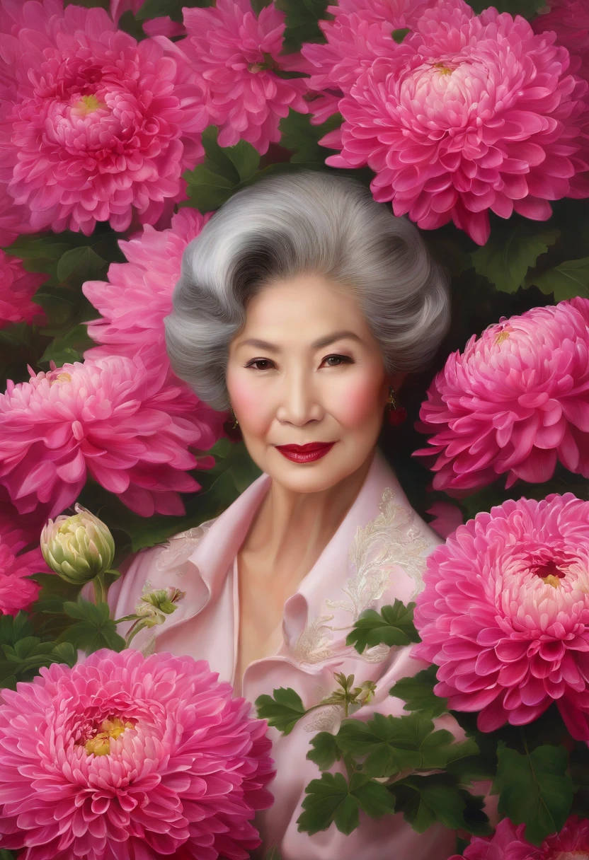 fashion magazine,ultrarealism oil painting,(chrysanthemums),Chinese grandmother,Pink and emeralds,Plant cover background,The style of artist Bruce Zheng,shinny hair,cowboy lens,art-deco,Verism,blooms,Award-Awarded,retinas