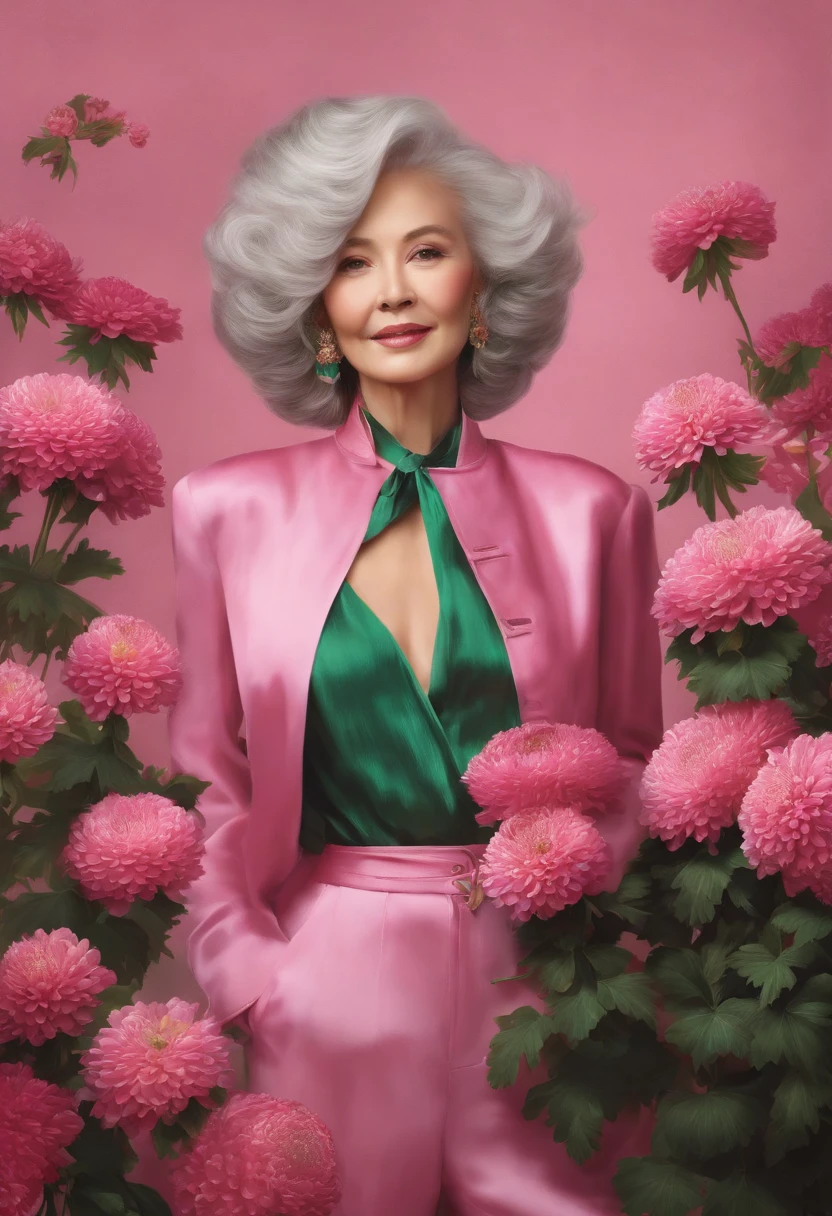 fashion magazine，ultrarealism oil painting，（chrysanthemums），Chinese grandmother，Pink and emeralds，Plant cover background，The style of artist Bruce Zheng，shinny hair，cowboy lens，art-deco，Verism，blooms，Award-Awarded，retinas