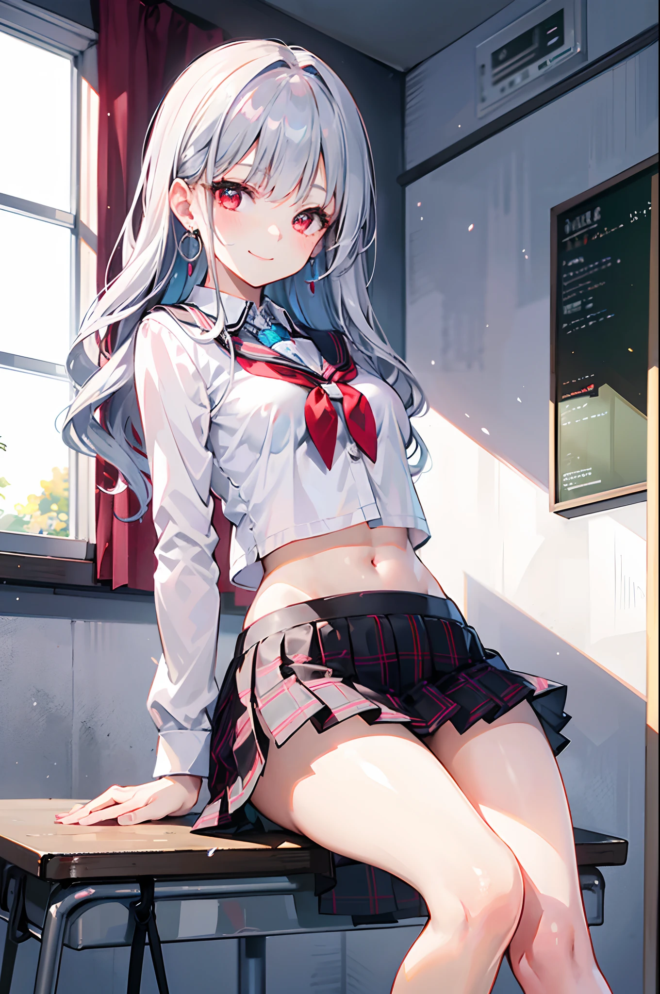 Realistic and detailed image of a girl in a school uniform with pleated plaid mini skirt. She has silver pink wavy hair with a ribbon. Red eyes. She has earrings, long eyelashes. she has small breasts, slim waist, very wide hips and thick thighs. smiling, pleased face. Legs open and raised, panty view. Back arched. She is sitting in a classroom with sun rays at sunset.