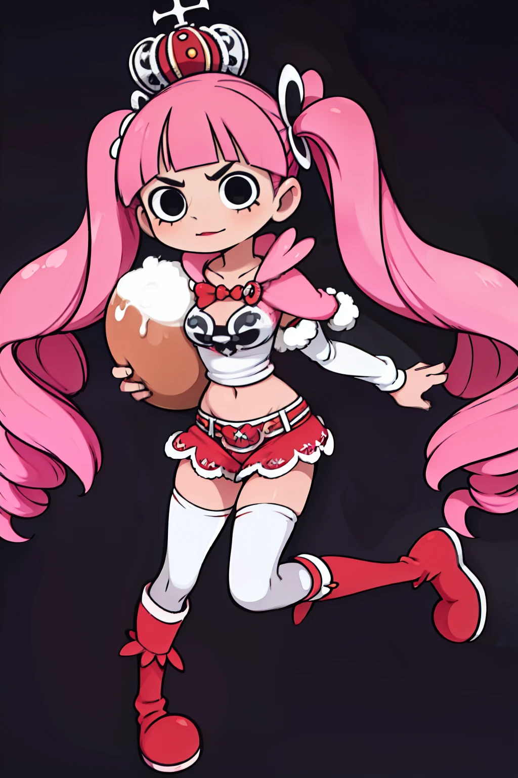 Perona, 1girl, pink hair, black eyes, blunt bangs, drill hair, red lipstick, long twintails, crown, (white and black striped stockings), red boots, red capelet, pink bowtie, white shirt with sleeves, red skirt, midriff, perfect anatomy, solo