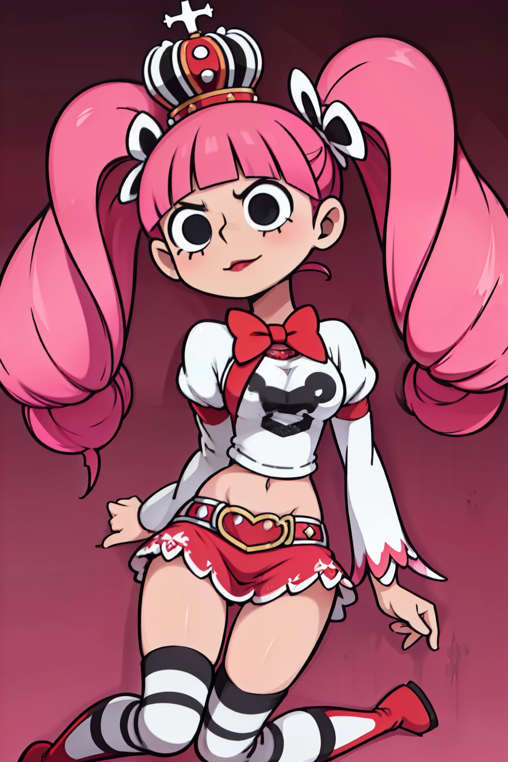 Perona, 1girl, pink hair, black eyes, blunt bangs, drill hair, red lipstick, long twintails, crown, (white and black striped stockings), red boots, red capelet, pink bowtie, white shirt with sleeves, red skirt, midriff, perfect anatomy, solo