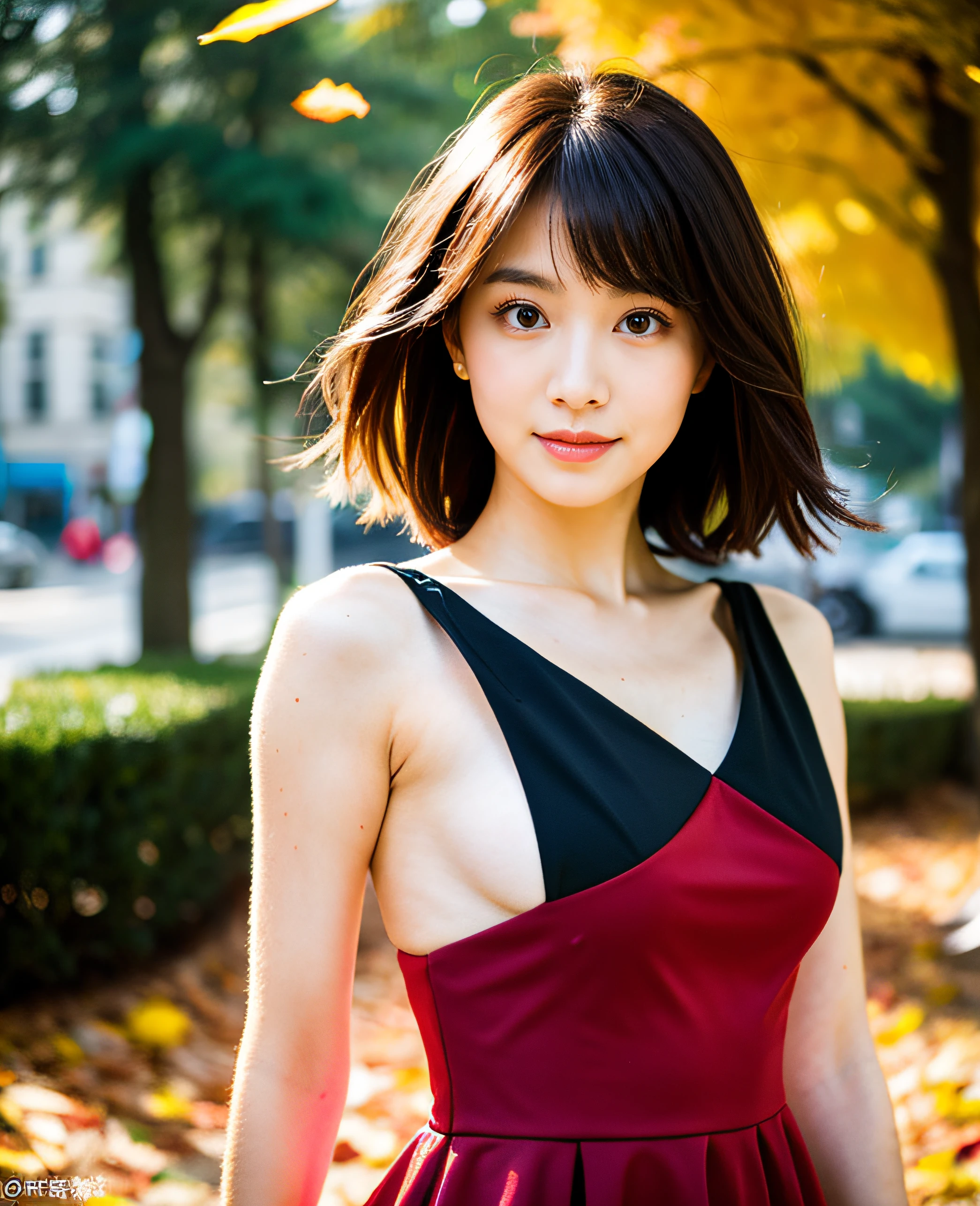 (((Medium Hair))), Top Quality, 8K, Absurdity: 1.2, Background Blur, Bokeh: 1.2, Photo, (Raw Photo: 1.2), (Photoreal: 1.4), (Complex Details: 1.2), Nice Women, Delicate and Beautiful Details, (Detailed Eyes), (Detailed Facial Features), Petite, (((Normal Breasts))), Beautiful Skin, (Best Quality: 1.4), (((Dark Red) Shoulder dress))) Beautiful autumn leaves background, (((full body shot))),