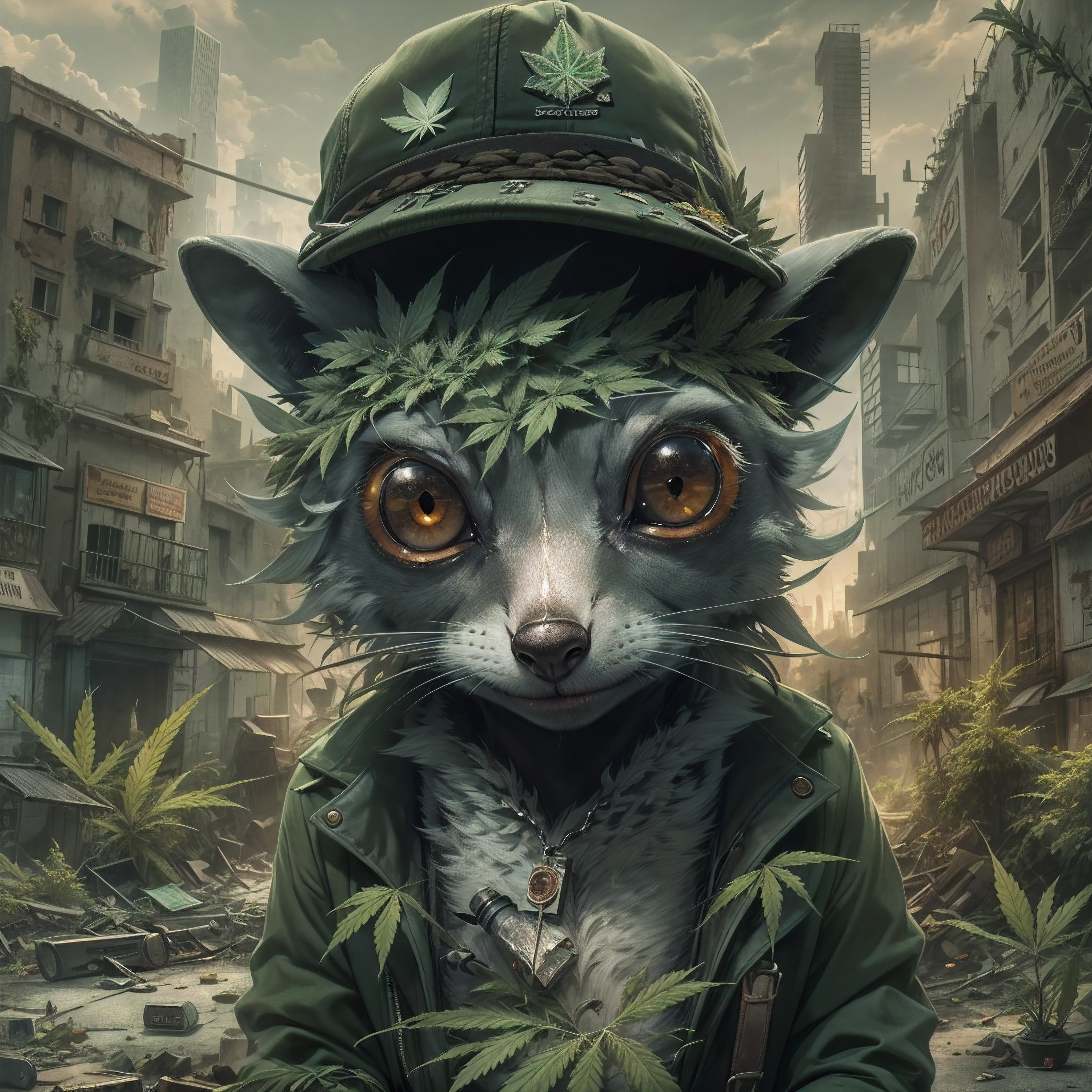 Galago covered in marijuana wearing a BLACK flat cap hat is SMOKING MARIJUANA in the middle of the abandoned city