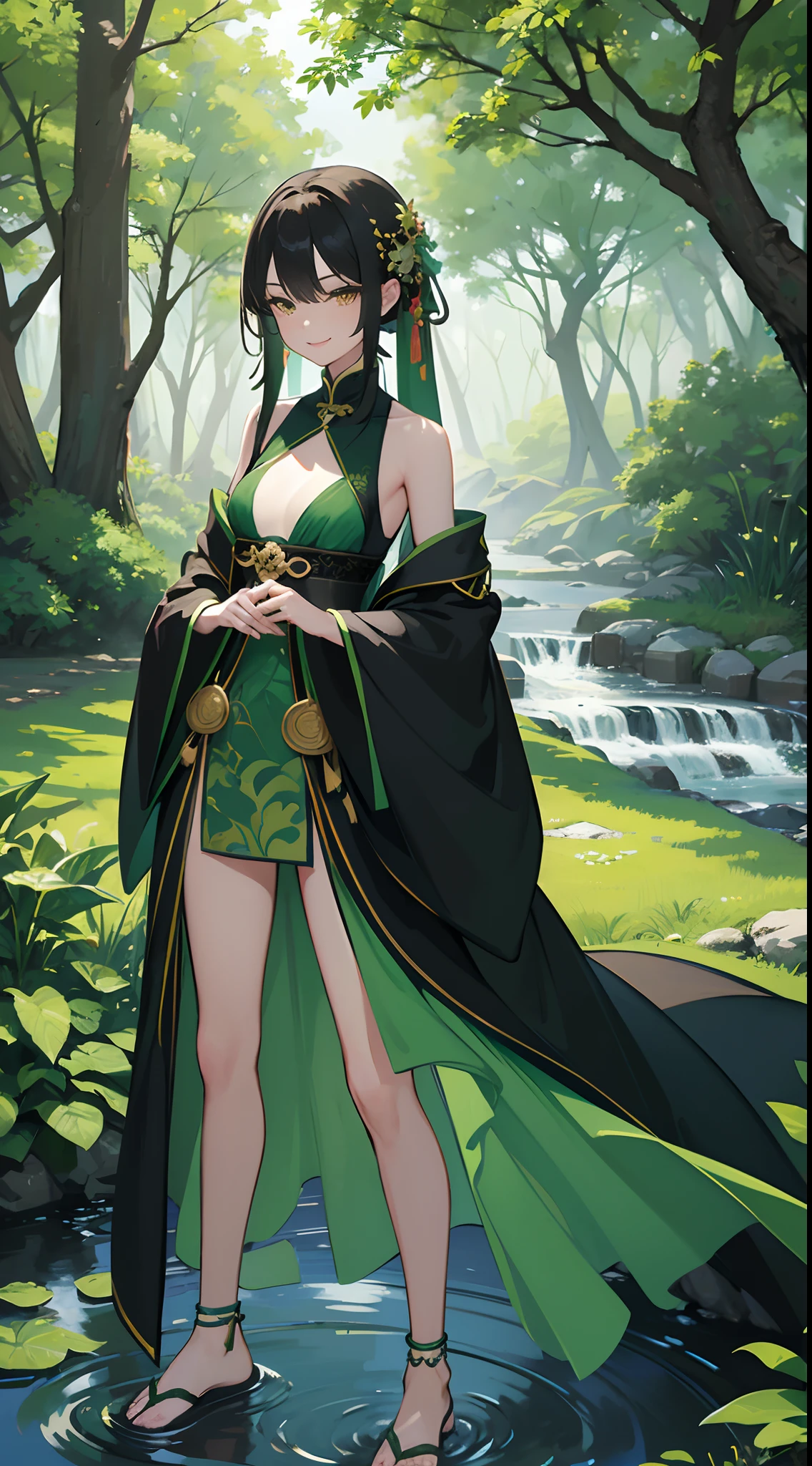 ((masterpiece)), ((best quality)), (ultra-detailed), ((extremely detailed)), 4K, (8K), best quality, (beautiful), illustration, School, forest, a , , alone, National costume, beautiful green hair, beautiful brown eyes, ((beautiful eyes)), white skin, long hair, flat breast,