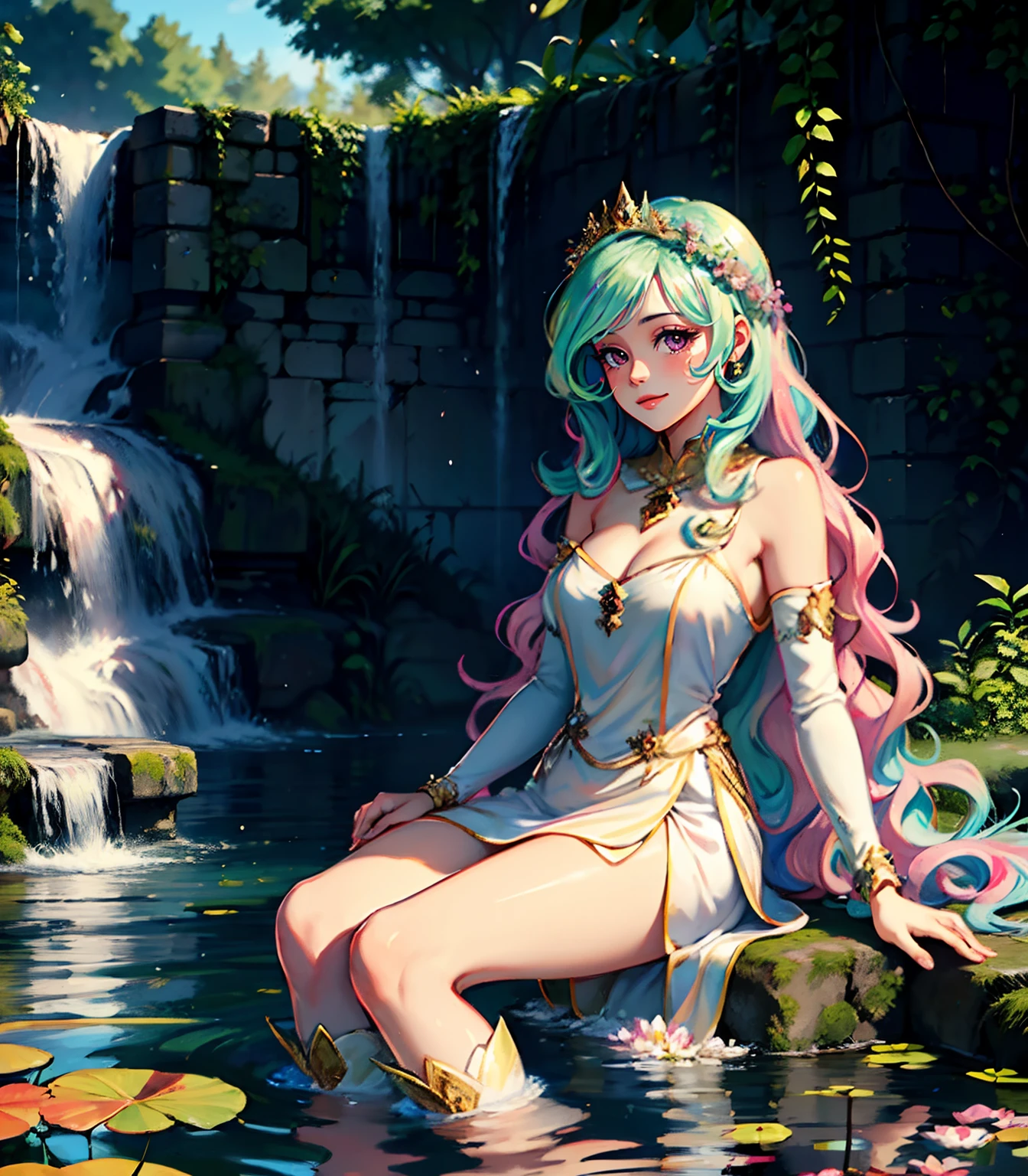 Celestia, celestia from my little pony, celestia in the form of a girl, long wavy hair, pink eyes, lush breast, greek columns, outside, beautiful majestic forest, vine leafs wrapping the columns, bush of flowers everywhere, wearing a white goddess dress, knee high boot, clear sky, bright sunny day, ((water fall)), river, water reflection, lily pads on water, glaring at viewer, sitting under a tree, falling petals