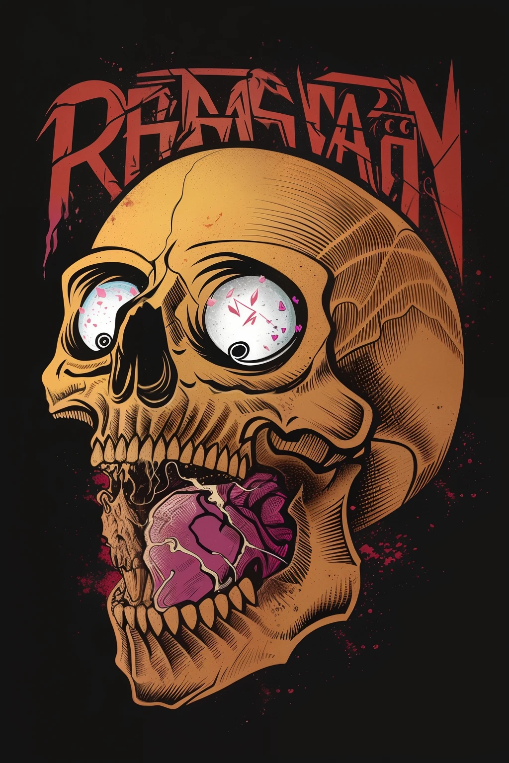 A skull with a pink heart in its mouth and a black background, skull design for a rock band, design de tshirt de metal pesado, no estilo dos quadrinhos de heavy metal, nightmarish illustration, apodrecendo, Directed by: Bonian puro, arte detalhada da capa, arte detalhada assustadora em cores, dentes podres, Estilo de arte heavy metal, podre, restos, Rembranlt, butcher billy style