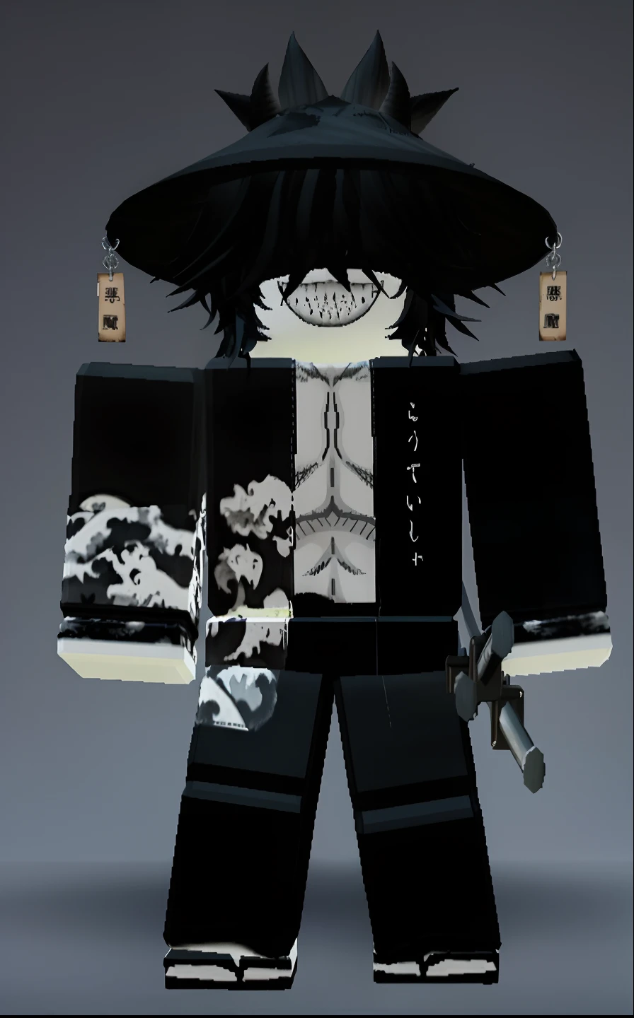 A closeup of a Lego figure with a black hat and a skeleton, avatar roblox, Gapmoe Yandere Grimdark, pele branca assustadora, inspirado em Okumura Masanobu, ((vestindo manto aristocrata)), avatar da parte superior do corpo, imagem de corpo inteiro, black-white skintight robes!, corpo inteiro;, anime estilo 3d, Roupa de samurai
