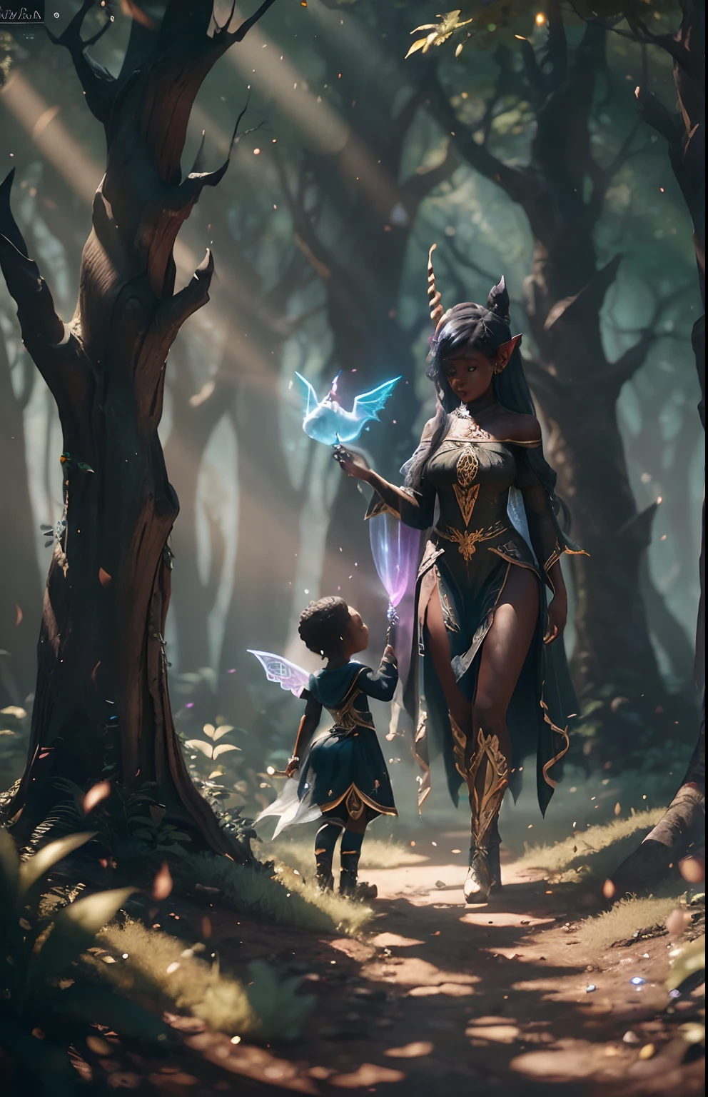 black children elves playing with unicorns in a fairy forest full of black elves, black fairy angels flying, mystical forest with fairy dust in air shining, with iridescent light, 32k, ultra HD, unreal engine rendered, cinematic lighting, artgerm style, cgsociety 9, deviantart, art by Bella kotak, octane 3d rendering, masterpiece, highly detailed images --auto --s2