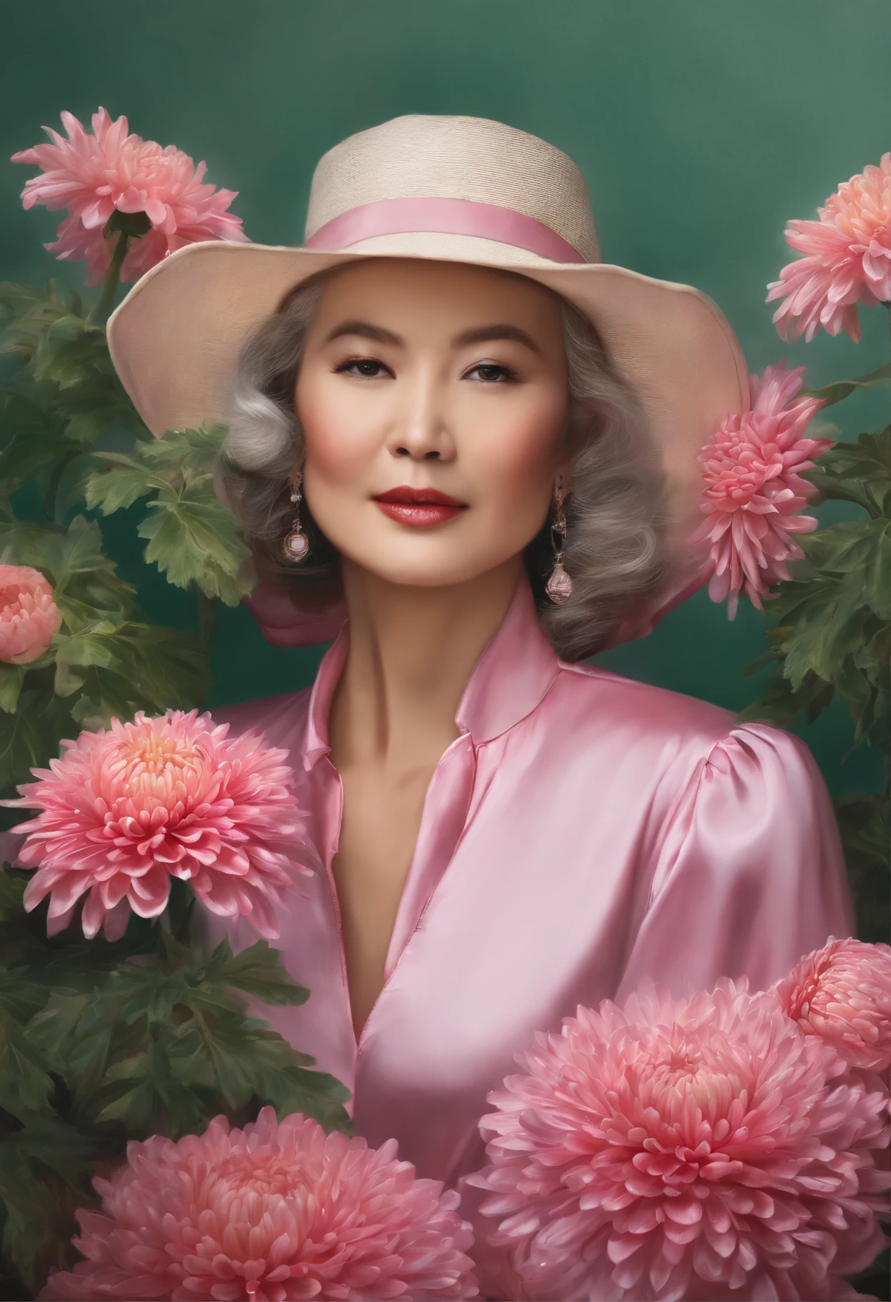 fashion magazine，ultrarealism oil painting，（chrysanthemums），Chinese grandmother，Pink and emeralds，Plant cover background，The style of artist Bruce Zheng，shinny hair，cowboy lens，art-deco，Verism，blooms，Award-Awarded，retinas