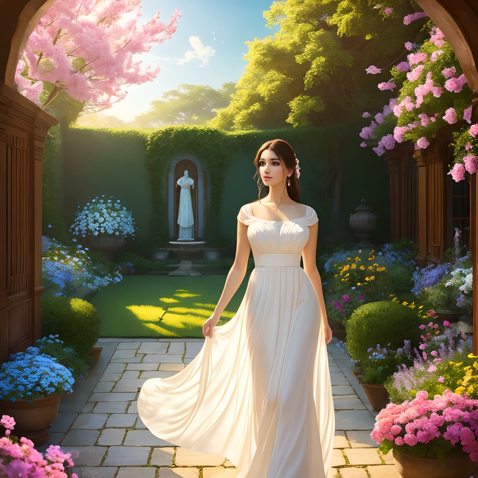 and elegant posture. She is wearing a flowing white dress that contrasts with the vibrant greenery around her. Her eyes are piercing blue, and her lips are full and rosy. The sunlight delicately illuminates her face, highlighting her delicate features and casting a soft golden glow on her hair. The garden is filled with colorful flowers, with butterflies fluttering around her. The atmosphere is serene and tranquil, creating a sense of peace and harmony. The overall composition is reminiscent of a classical portrait painting, with attention to detail and a focus on capturing the grace and beauty of the subject. The image quality is of the highest standard, with ultra-detailed rendering, sharp focus, and vivid colors. The artwork exhibits a photorealistic style, with a touch of romanticism and dreaminess. The color palette is vibrant and warm, with a subtle play of light and shadow. The lighting is natural and soft, creating a warm and inviting ambiance. This masterpiece evokes a sense of admiration and captivates the viewer with its timeless beauty.