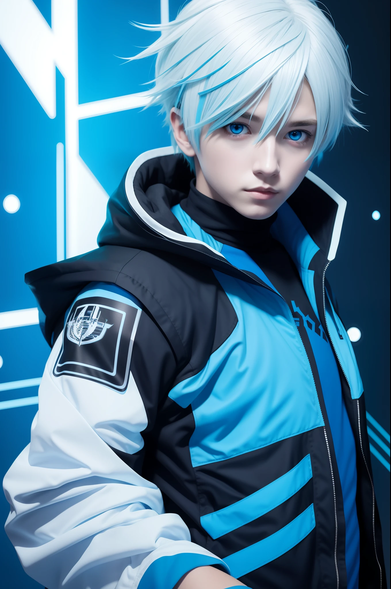 Anime boy cyberpunk blue, white and black color scheme blonde hair blue eyes