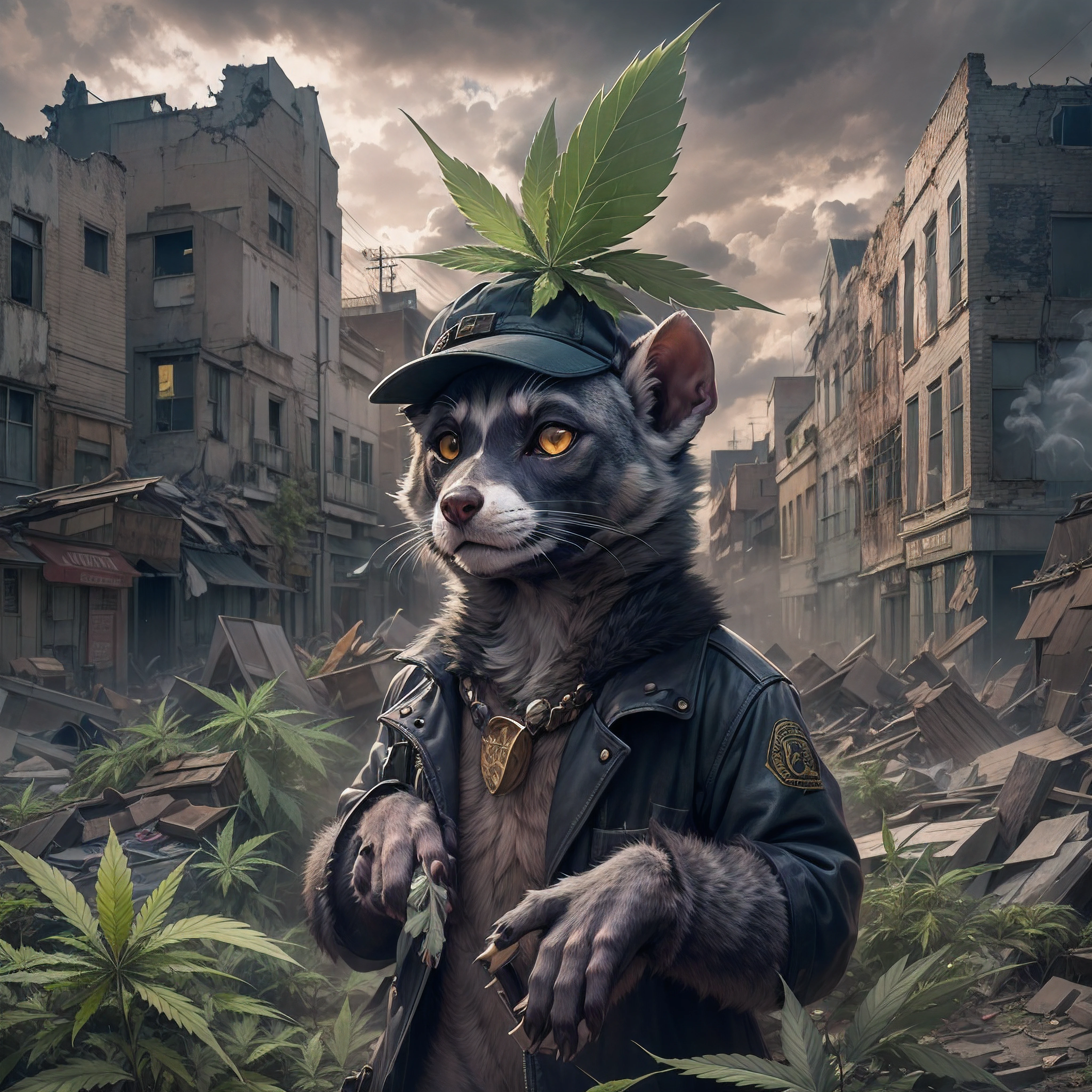Galago covered in marijuana wearing a BLACK flat cap hat is SMOKING MARIJUANA in the middle of the abandoned city